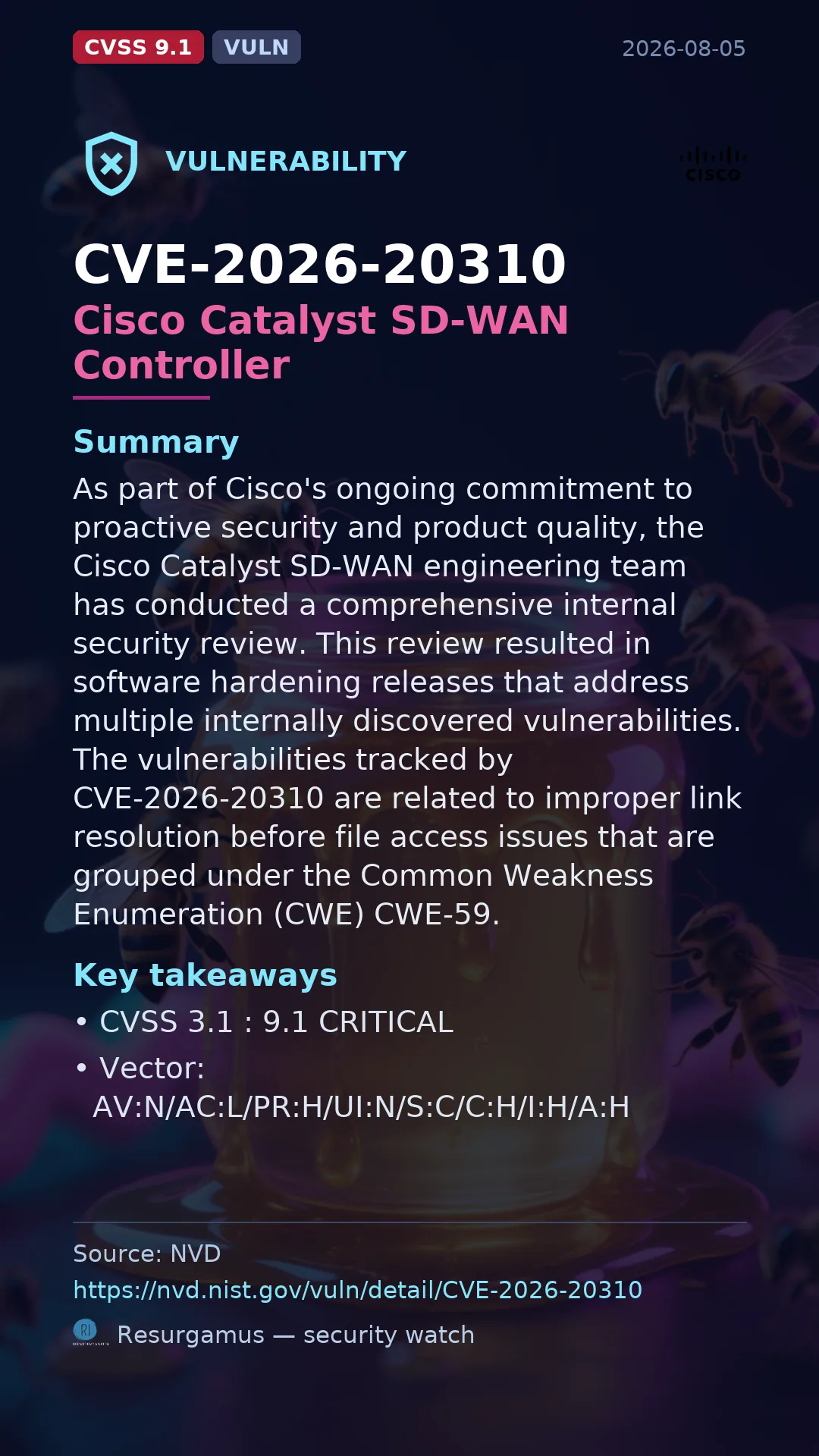 CVE-2026-20310 Cisco Catalyst SD-WAN Controller Vulnerability