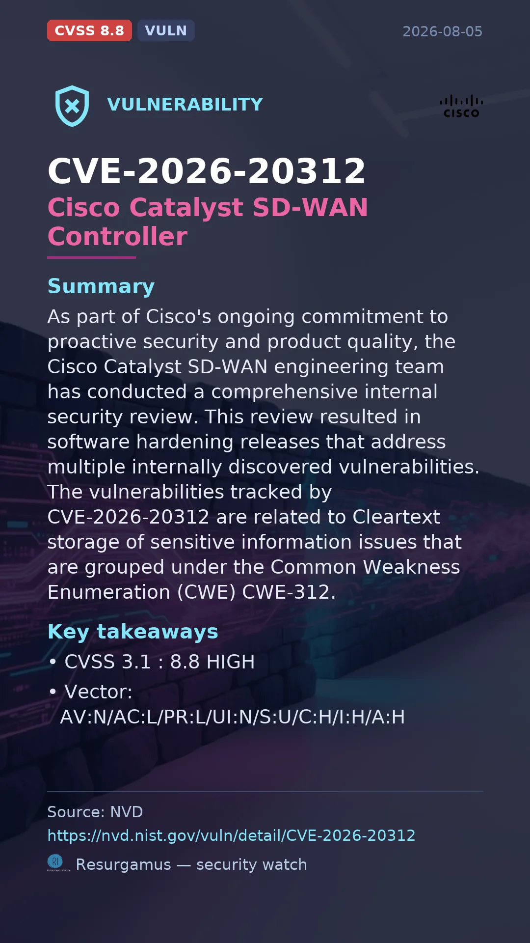 CVE-2026-20312 Cisco Catalyst SD-WAN Controller Vulnerability