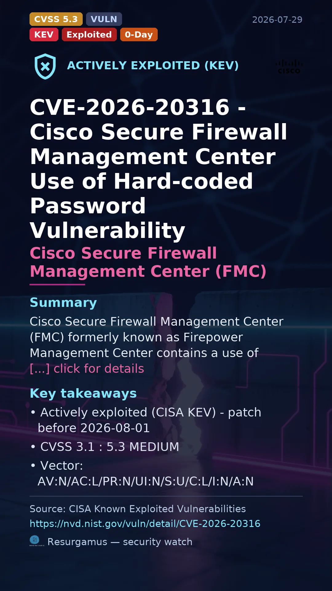 CVE-2026-20316 Cisco Secure Firewall Management Center  Actively Exploited (CISA KEV)
