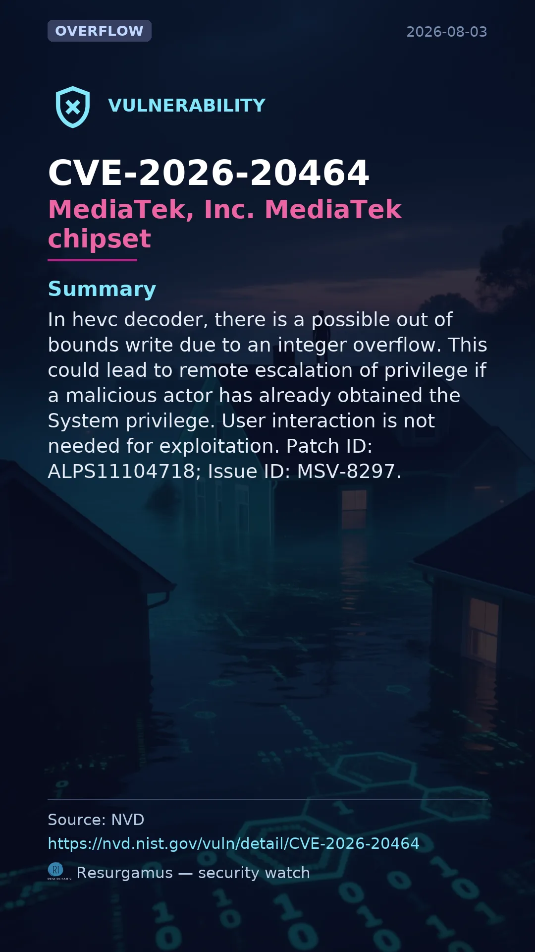 CVE-2026-20464 MediaTek, Inc. MediaTek chipset Vulnerability