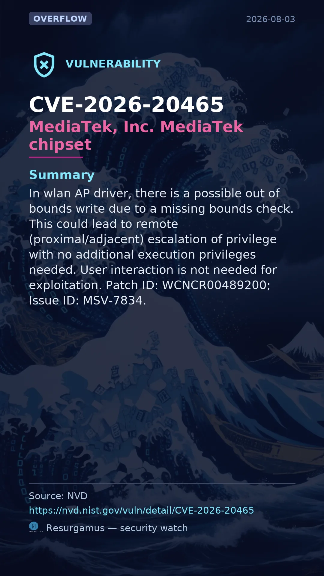 CVE-2026-20465 MediaTek, Inc. MediaTek chipset Vulnerability