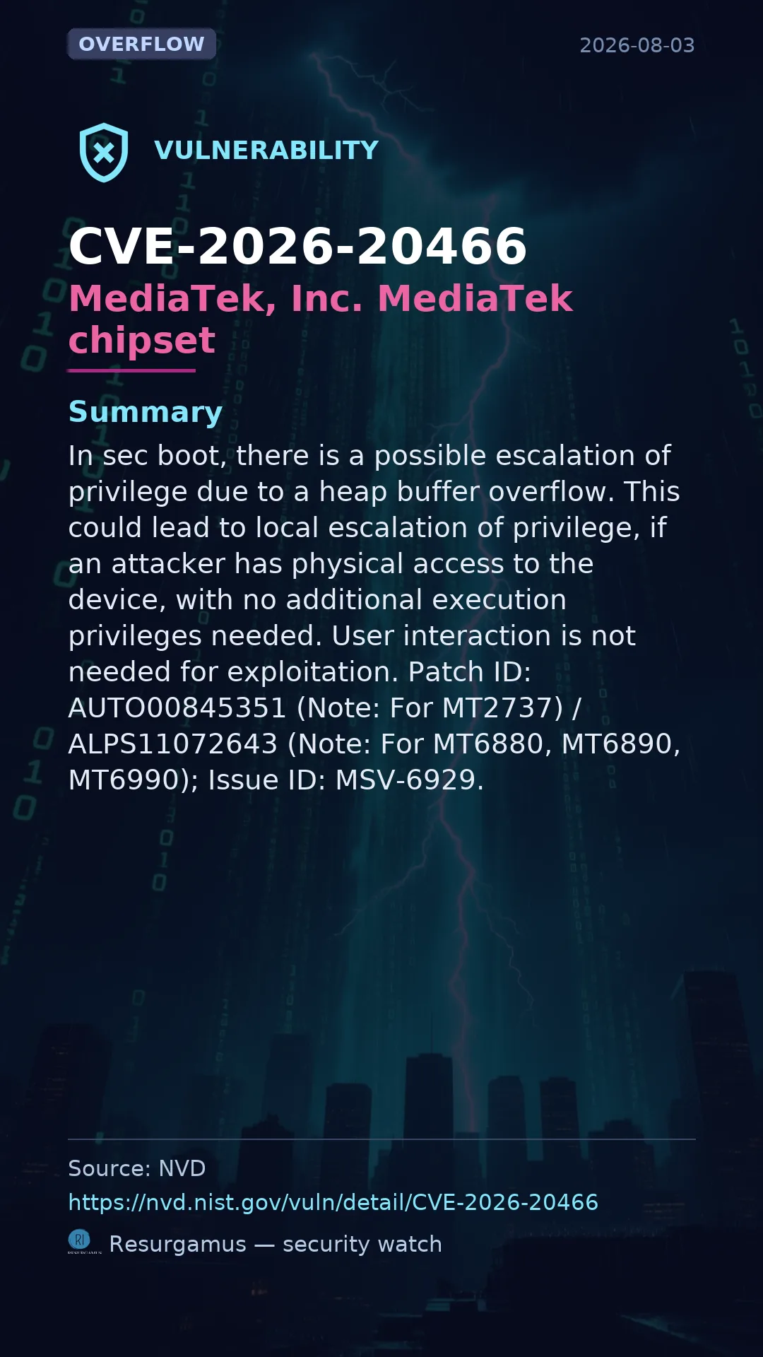CVE-2026-20466 MediaTek, Inc. MediaTek chipset Vulnerability