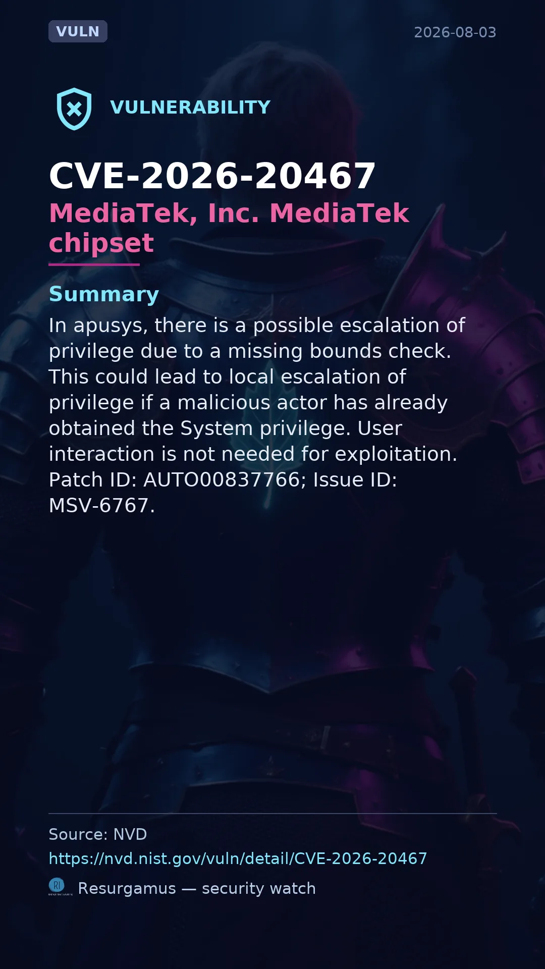 CVE-2026-20467 MediaTek, Inc. MediaTek chipset Vulnerability