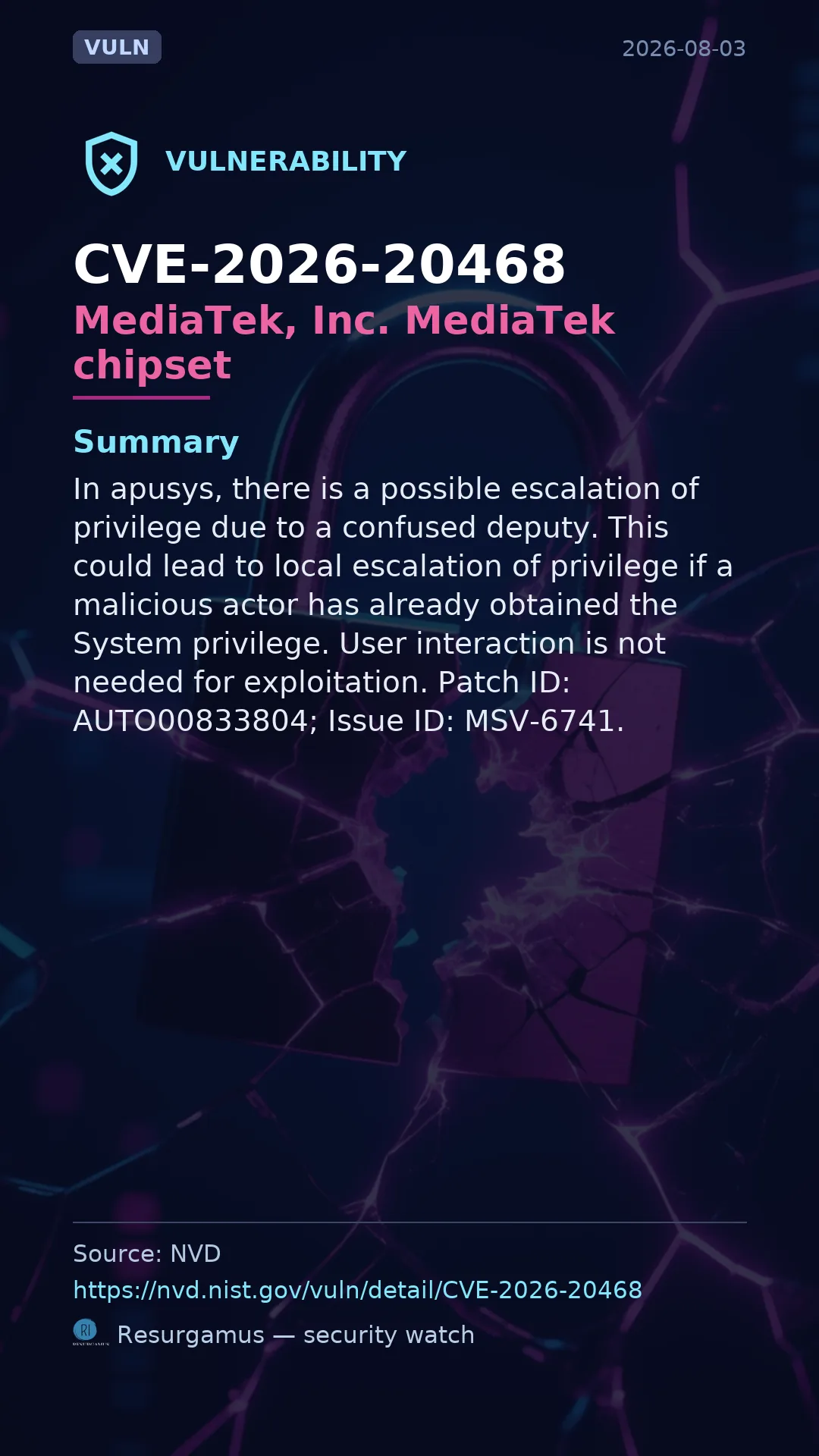 CVE-2026-20468 MediaTek, Inc. MediaTek chipset Vulnerability