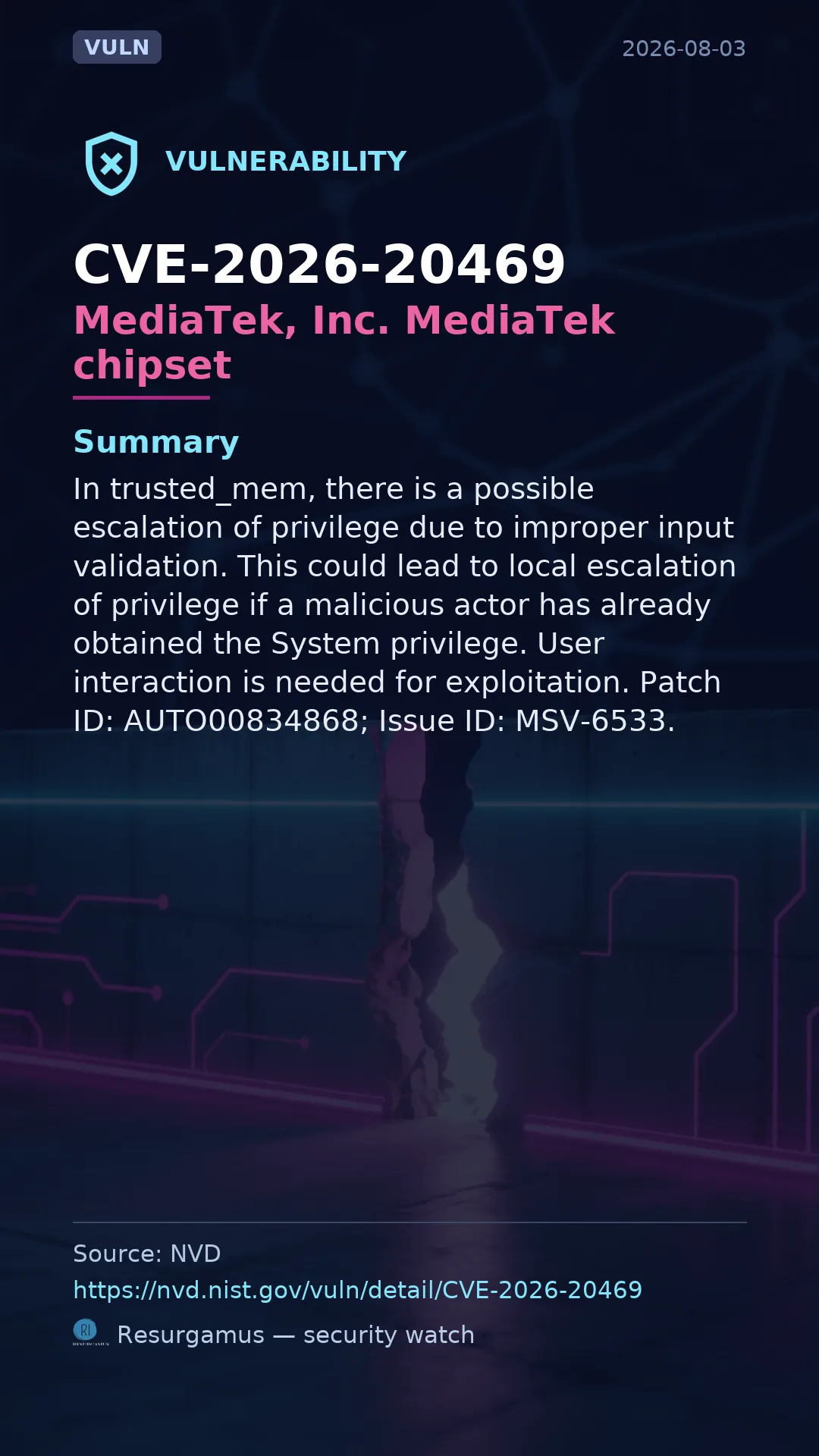 CVE-2026-20469 MediaTek, Inc. MediaTek chipset Vulnerability