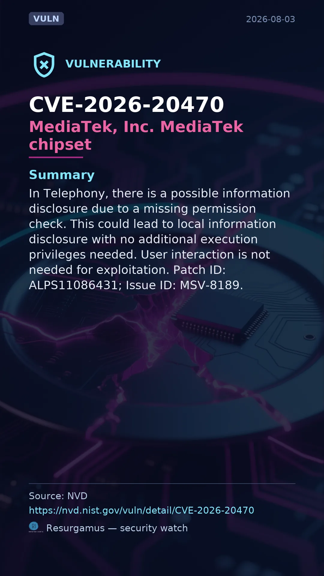 CVE-2026-20470 MediaTek, Inc. MediaTek chipset Vulnerability