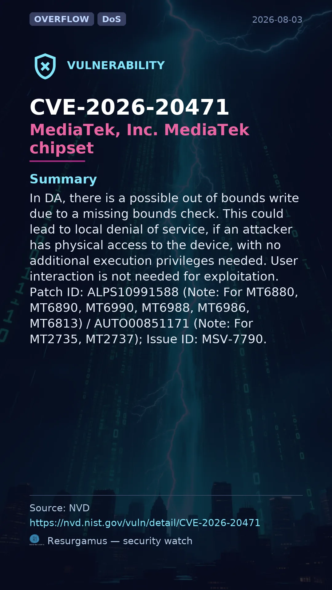 CVE-2026-20471 MediaTek, Inc. MediaTek chipset Vulnerability