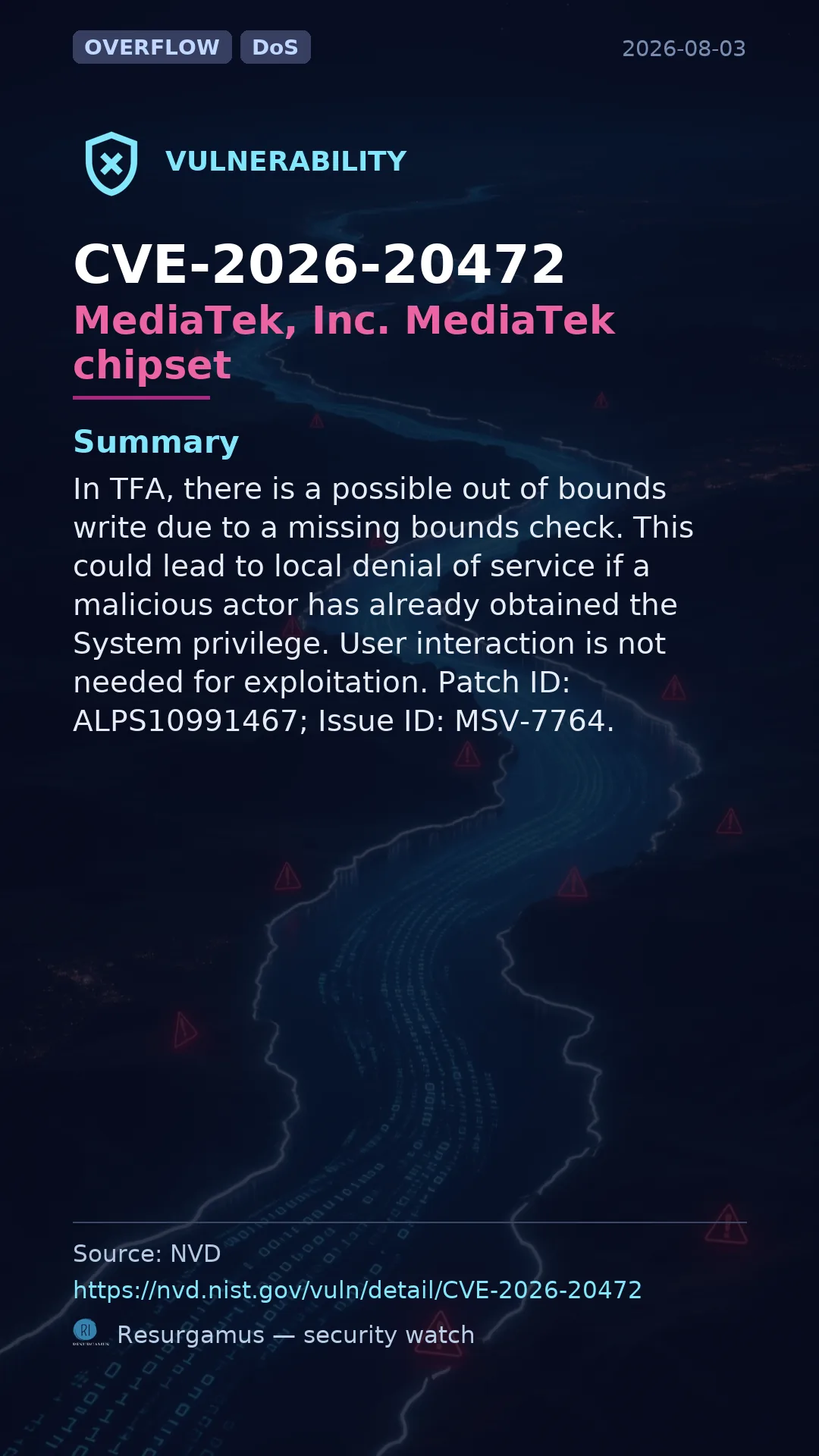 CVE-2026-20472 MediaTek, Inc. MediaTek chipset Vulnerability