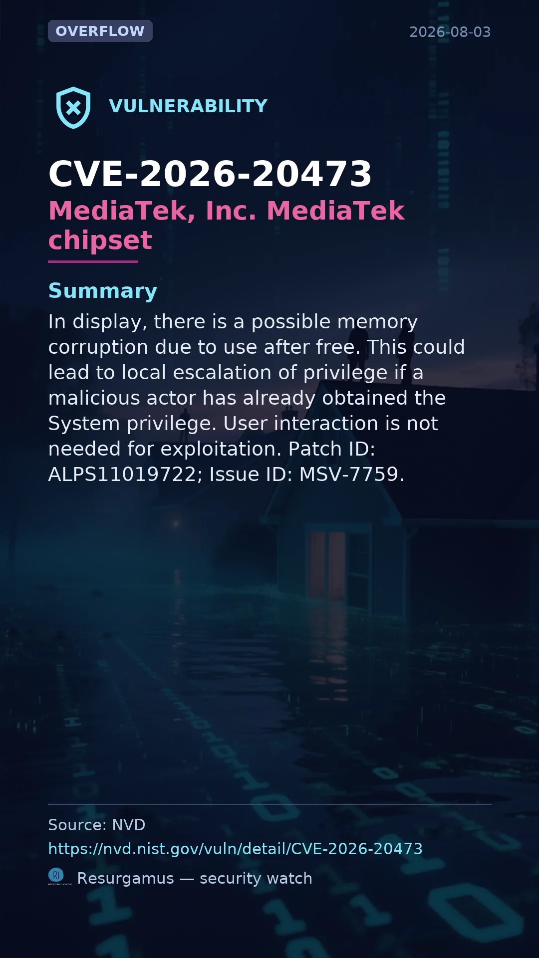 CVE-2026-20473 MediaTek, Inc. MediaTek chipset Vulnerability