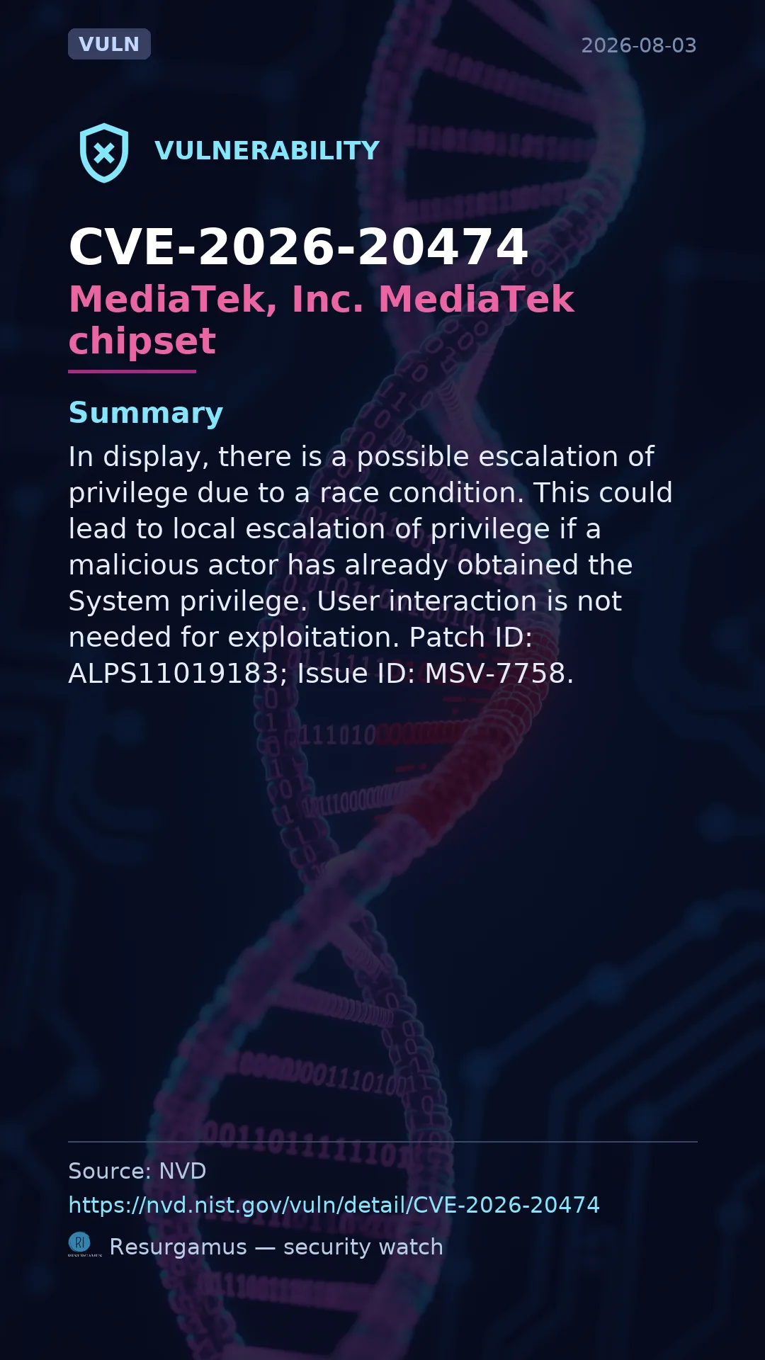 CVE-2026-20474 MediaTek, Inc. MediaTek chipset Vulnerability