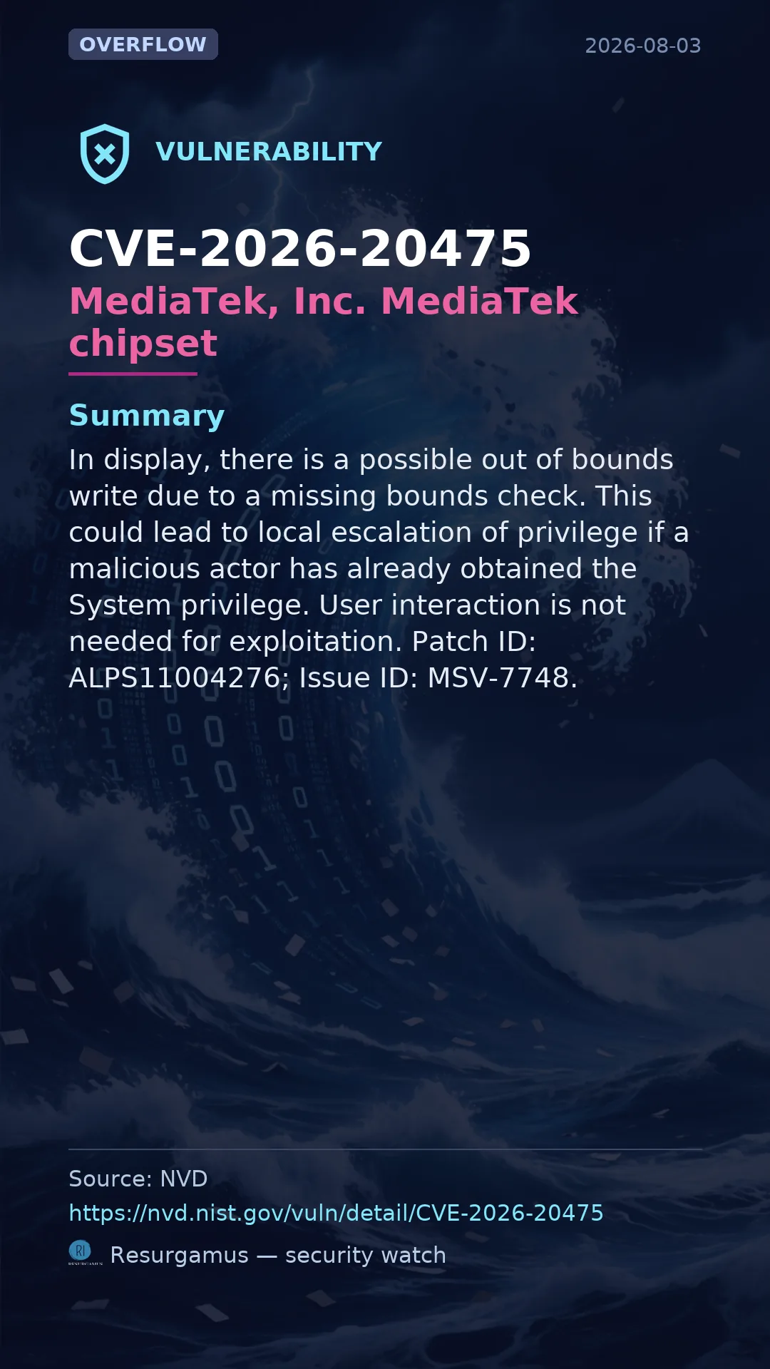 CVE-2026-20475 MediaTek, Inc. MediaTek chipset Vulnerability