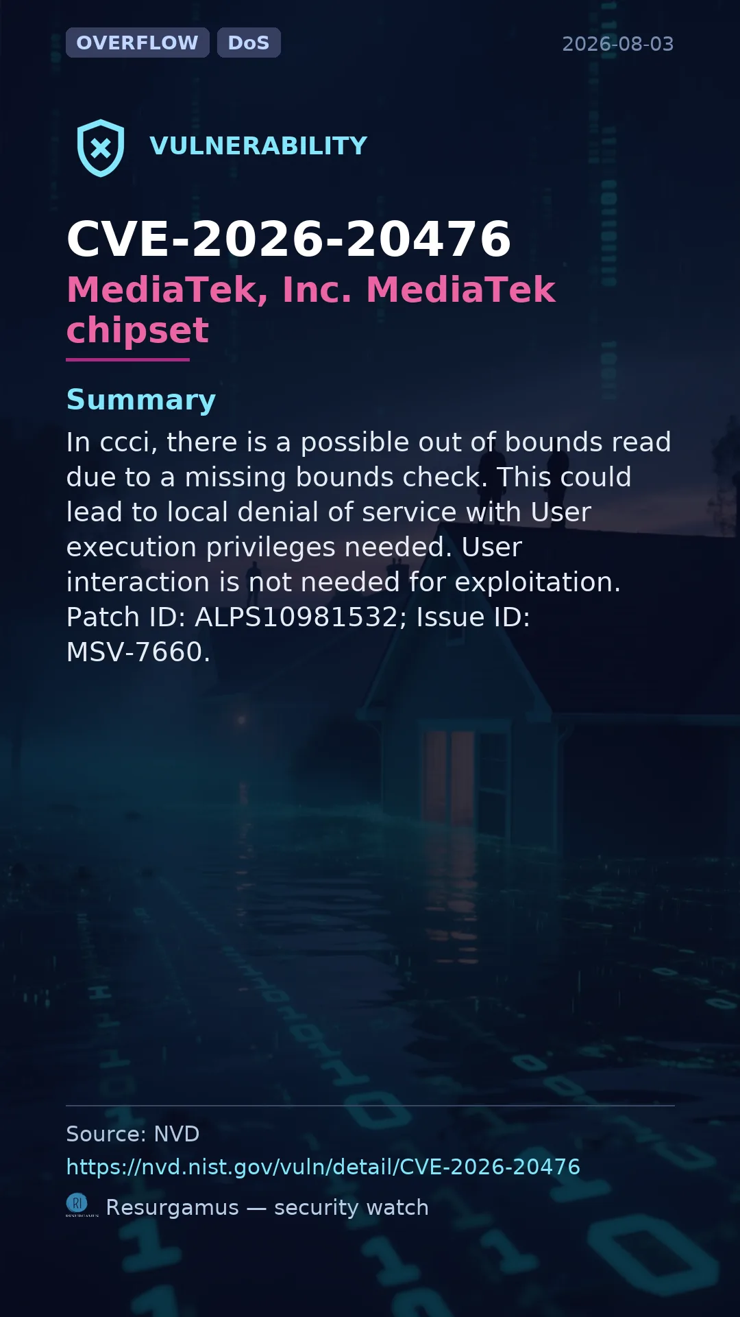 CVE-2026-20476 MediaTek, Inc. MediaTek chipset Vulnerability