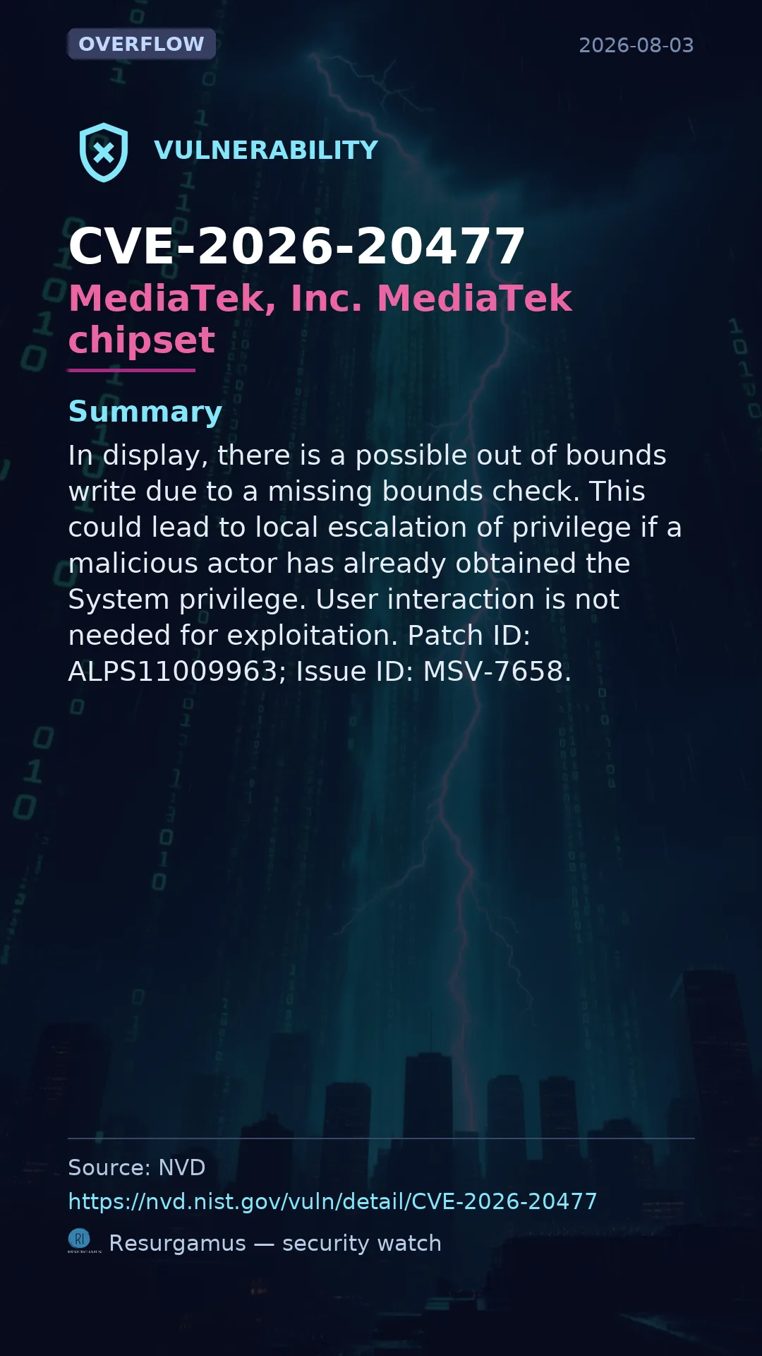 CVE-2026-20477 MediaTek, Inc. MediaTek chipset Vulnerability