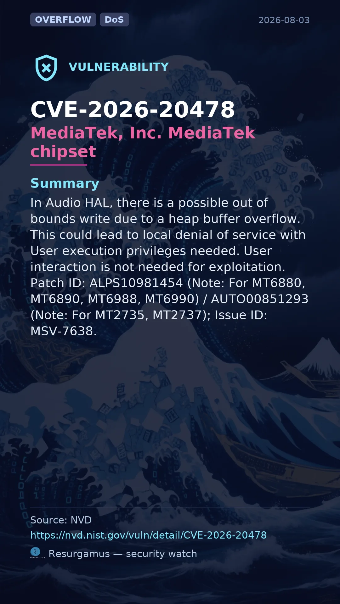 CVE-2026-20478 MediaTek, Inc. MediaTek chipset Vulnerability