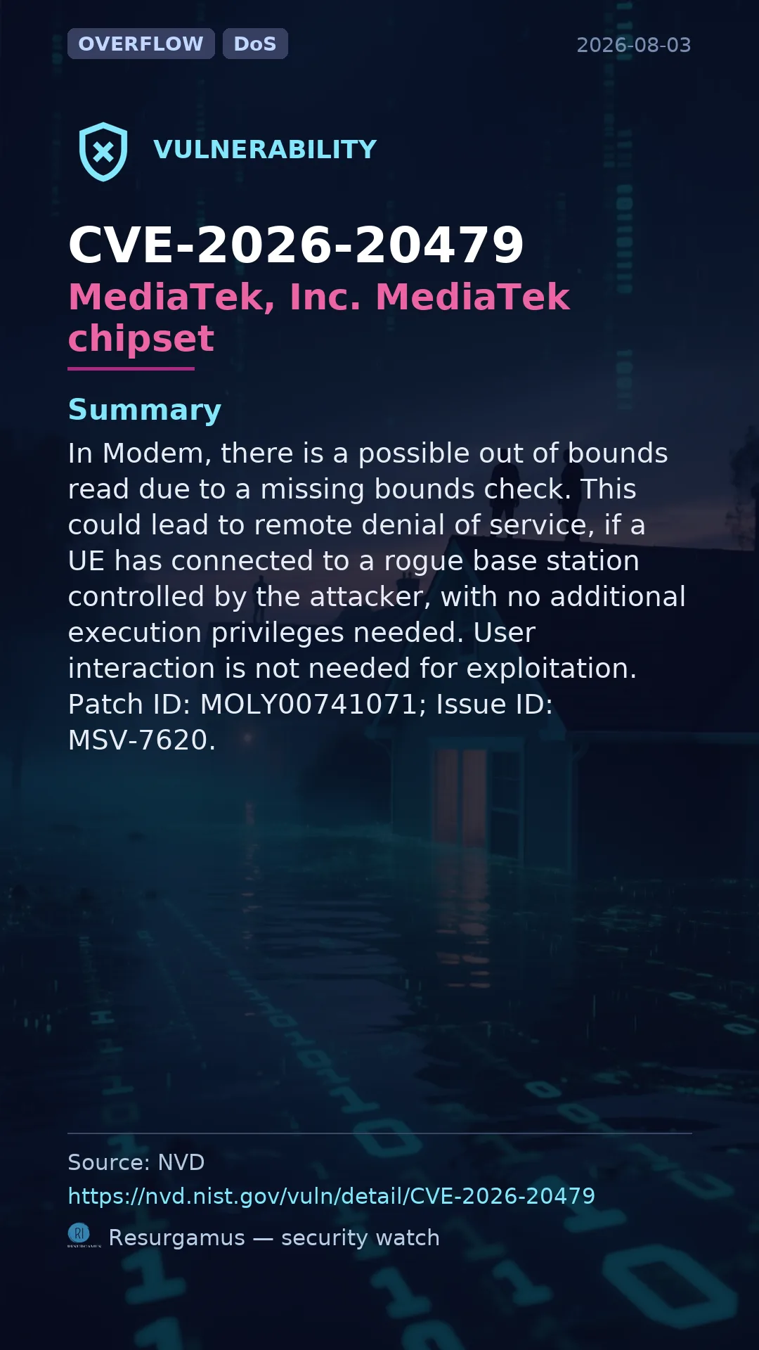 CVE-2026-20479 MediaTek, Inc. MediaTek chipset Vulnerability