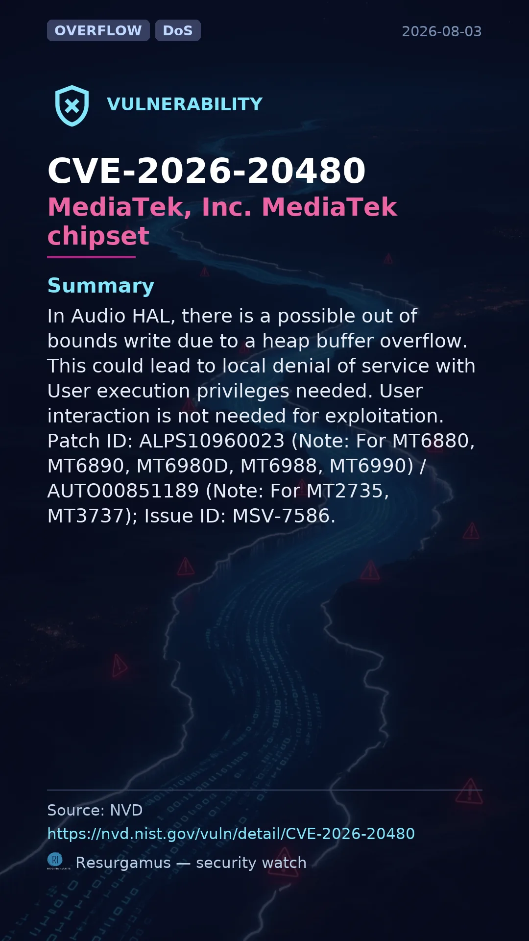CVE-2026-20480 MediaTek, Inc. MediaTek chipset Vulnerability