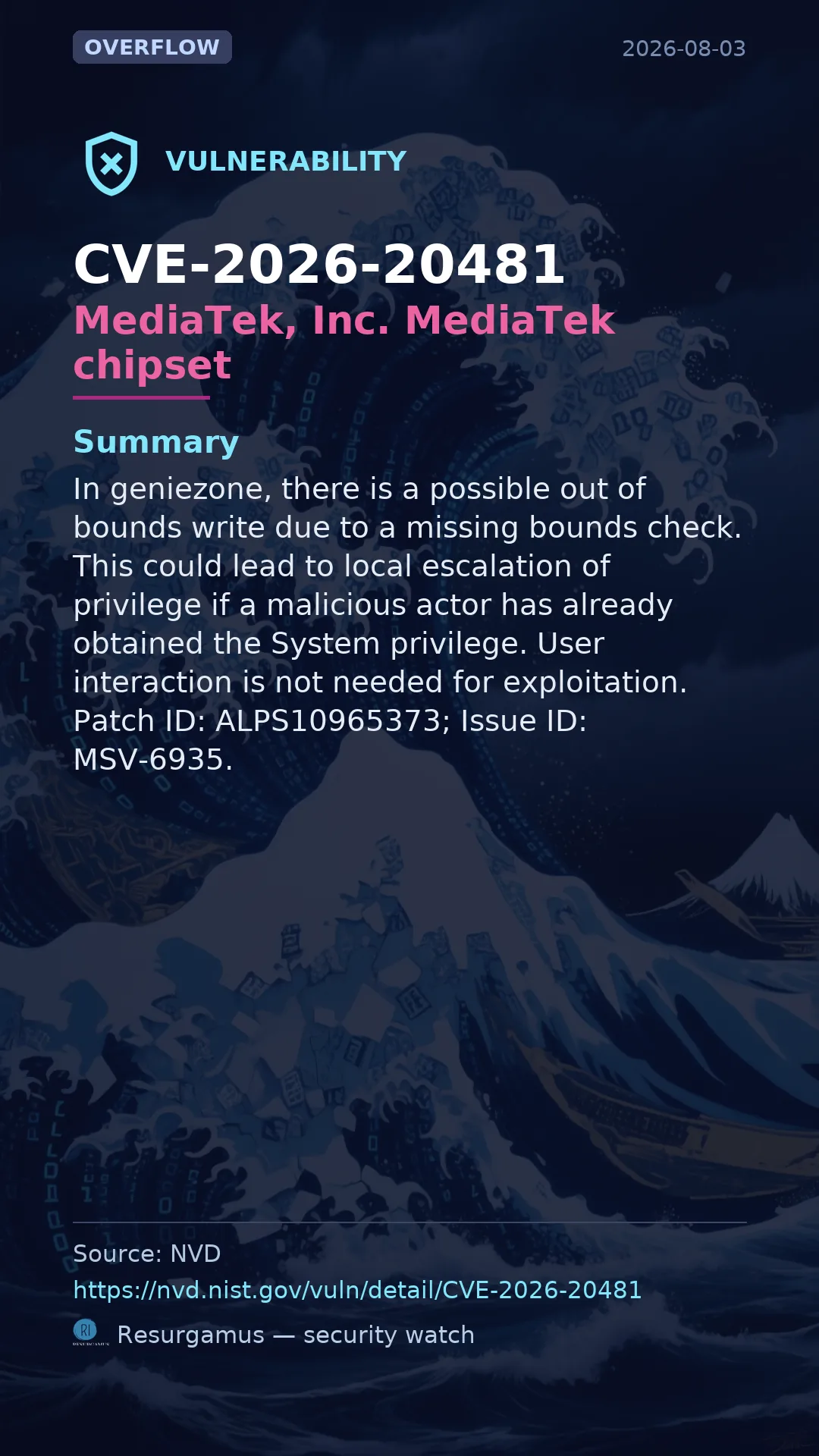 CVE-2026-20481 MediaTek, Inc. MediaTek chipset Vulnerability