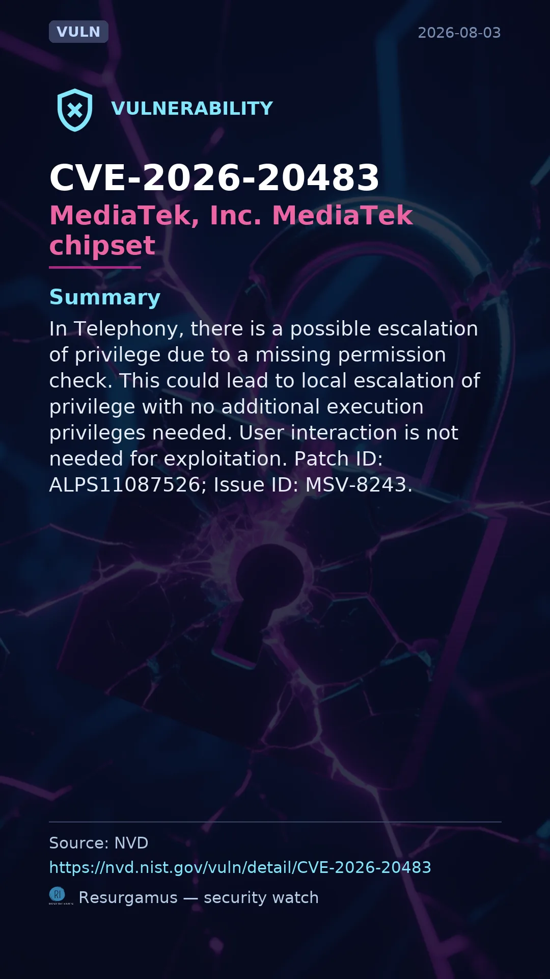 CVE-2026-20483 MediaTek, Inc. MediaTek chipset Vulnerability