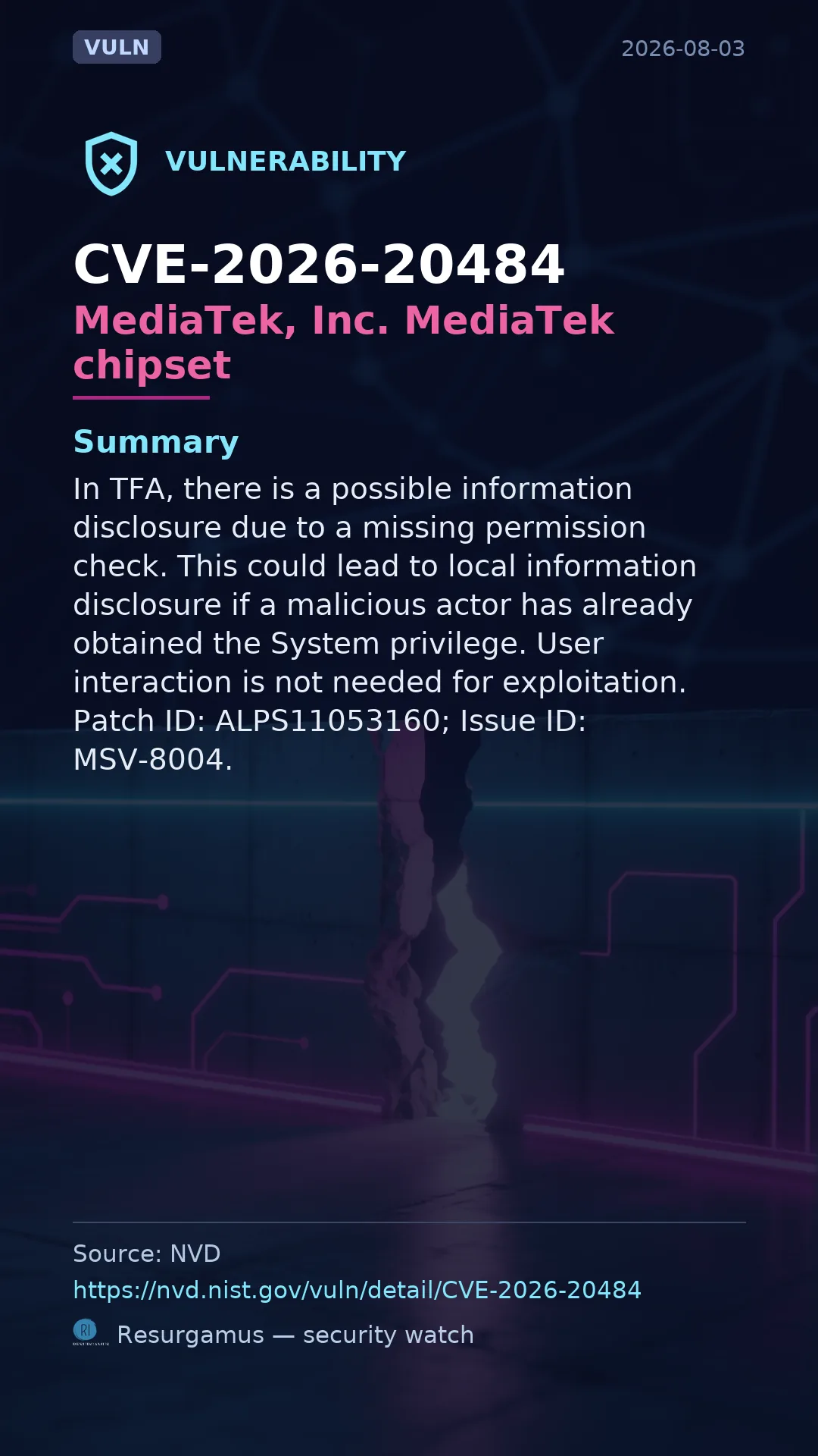 CVE-2026-20484 MediaTek, Inc. MediaTek chipset Vulnerability