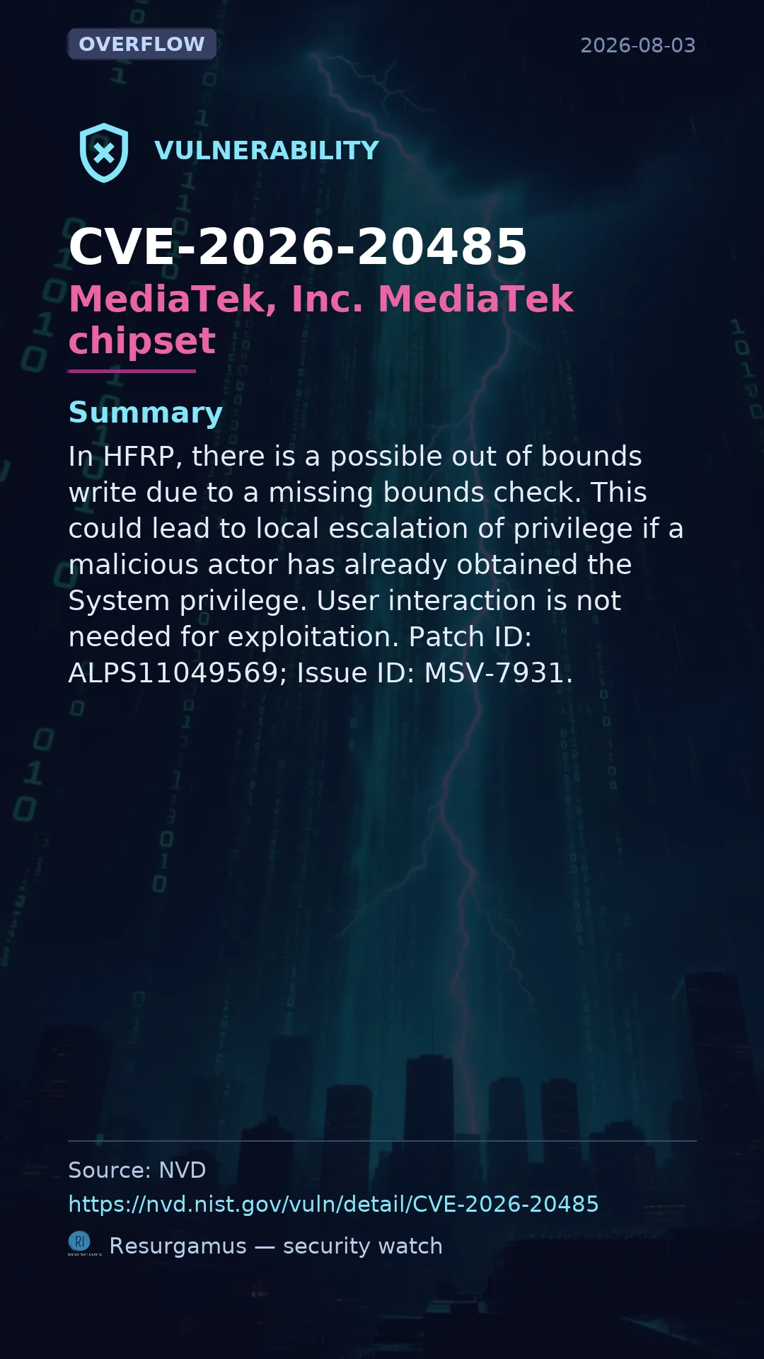 CVE-2026-20485 MediaTek, Inc. MediaTek chipset Vulnerability
