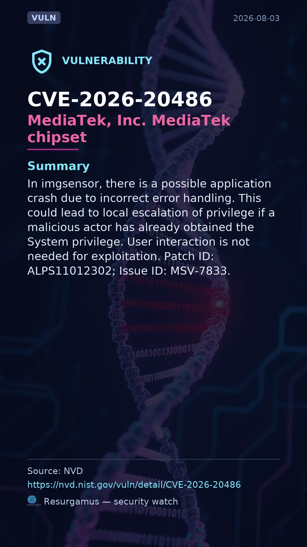 CVE-2026-20486 MediaTek, Inc. MediaTek chipset Vulnerability