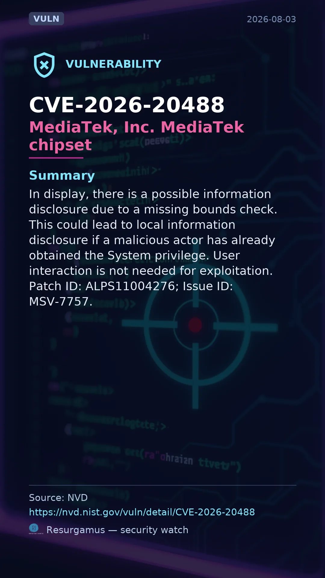CVE-2026-20488 MediaTek, Inc. MediaTek chipset Vulnerability