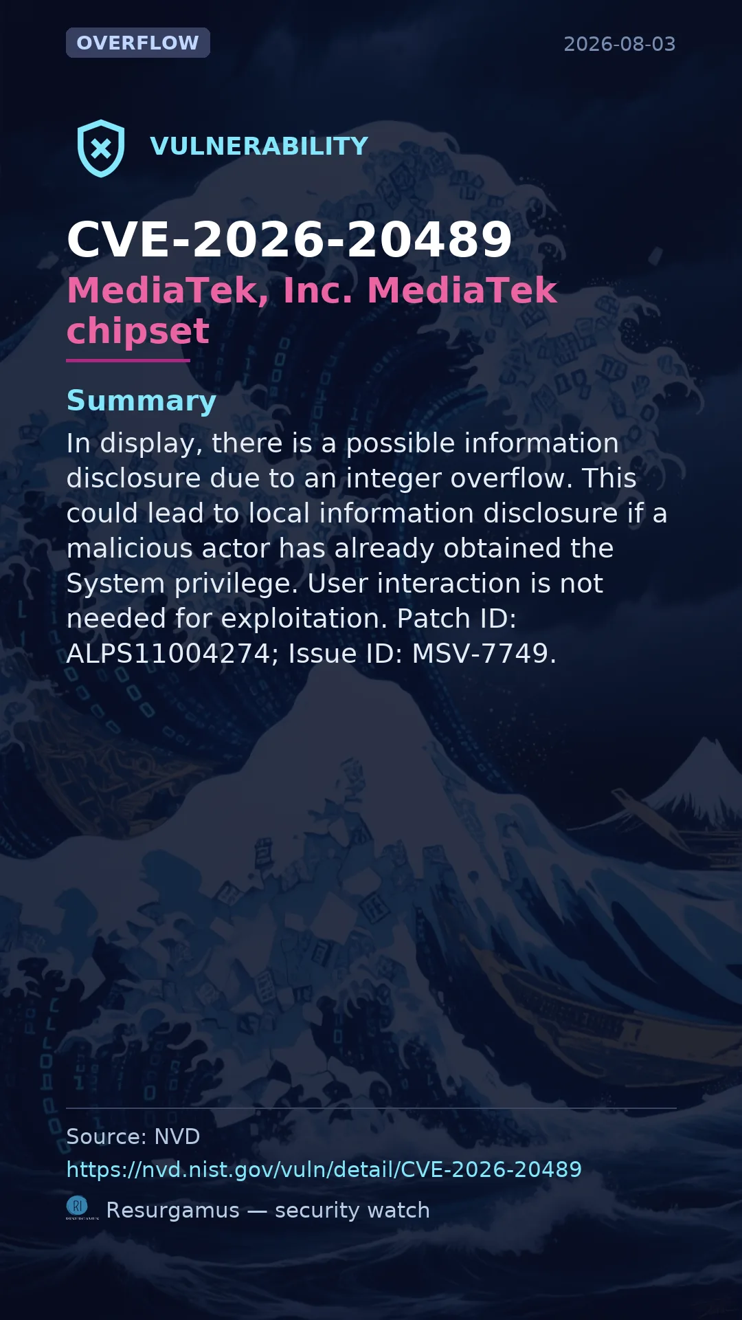 CVE-2026-20489 MediaTek, Inc. MediaTek chipset Vulnerability
