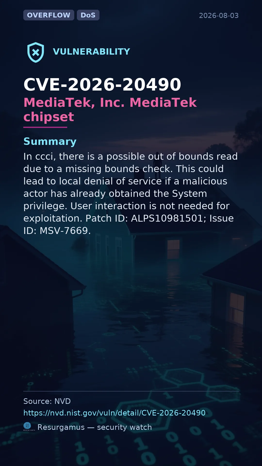 CVE-2026-20490 MediaTek, Inc. MediaTek chipset Vulnerability