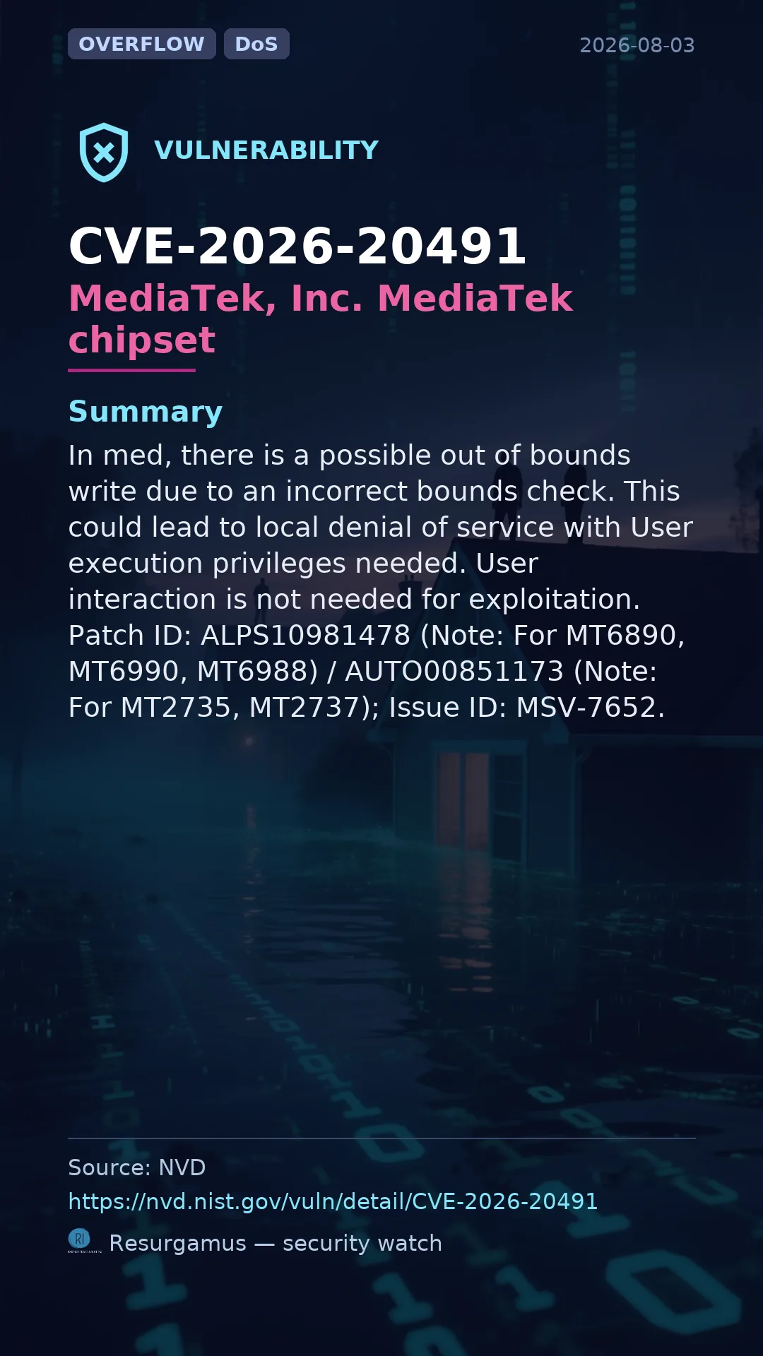 CVE-2026-20491 MediaTek, Inc. MediaTek chipset Vulnerability