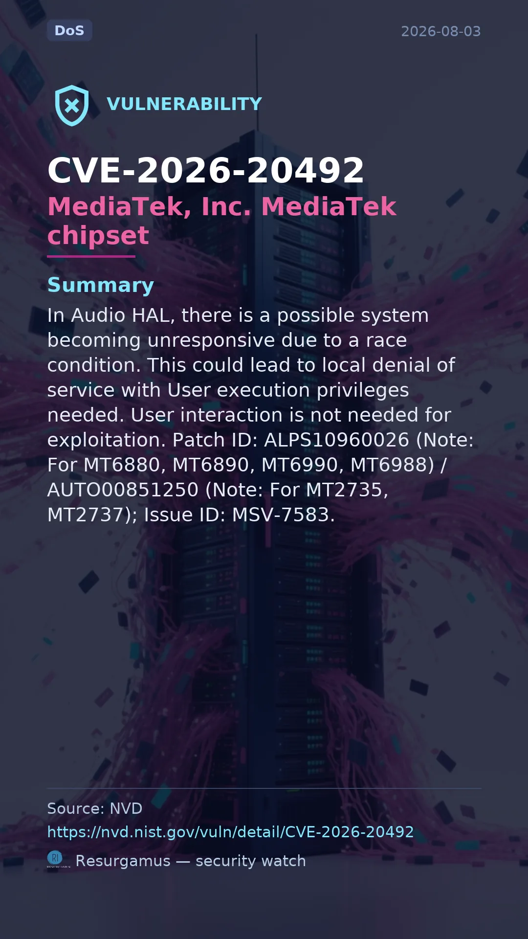 CVE-2026-20492 MediaTek, Inc. MediaTek chipset Vulnerability