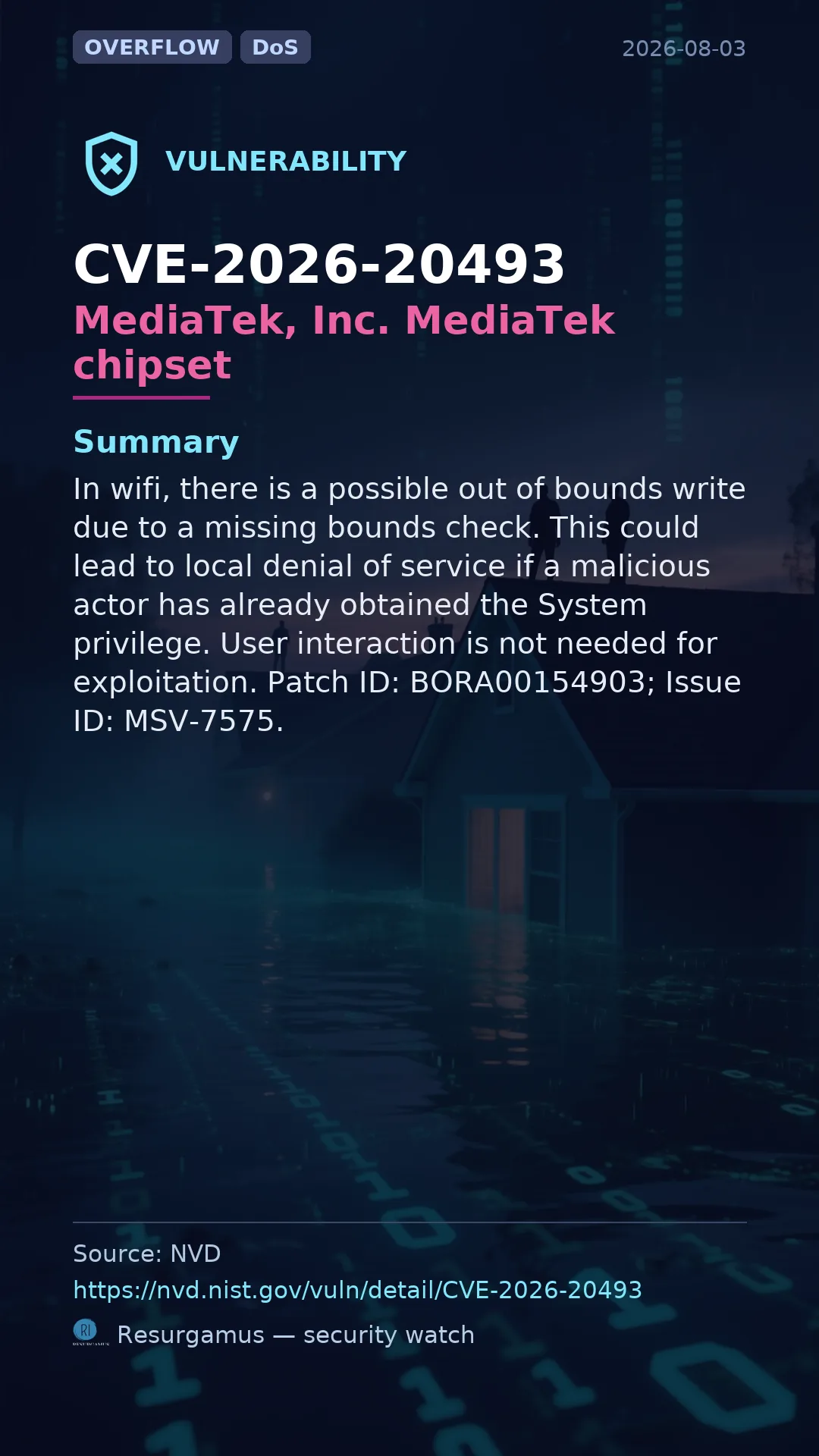 CVE-2026-20493 MediaTek, Inc. MediaTek chipset Vulnerability