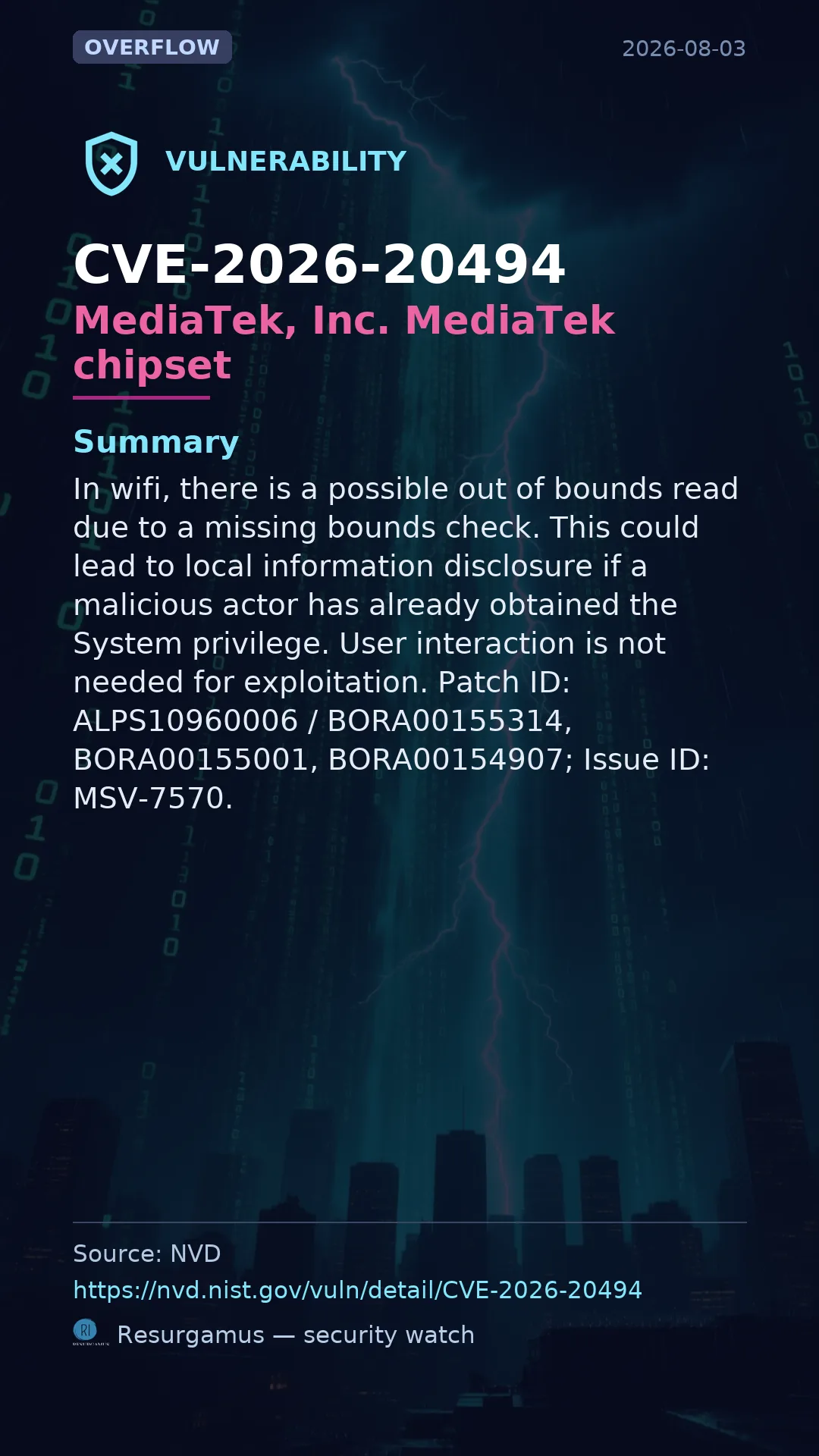 CVE-2026-20494 MediaTek, Inc. MediaTek chipset Vulnerability