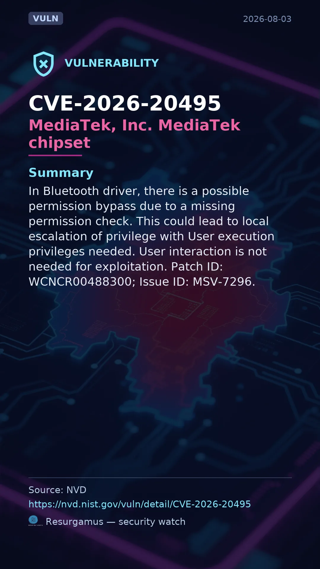 CVE-2026-20495 MediaTek, Inc. MediaTek chipset Vulnerability