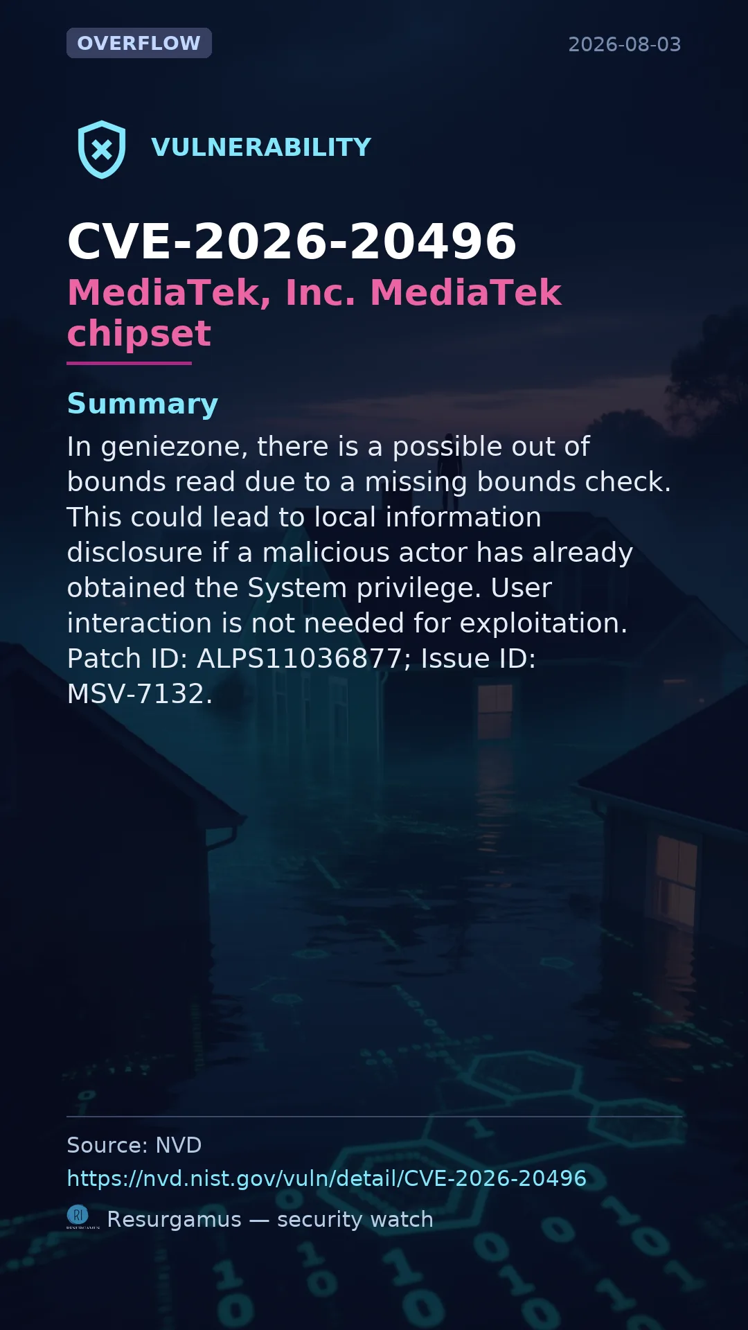 CVE-2026-20496 MediaTek, Inc. MediaTek chipset Vulnerability