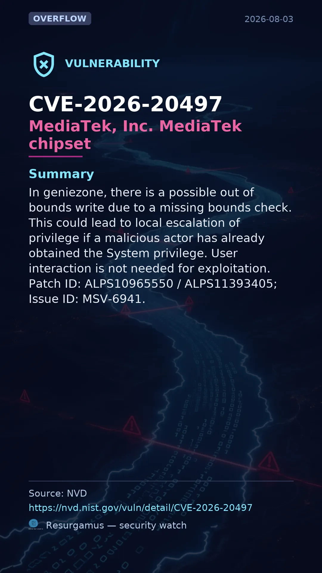 CVE-2026-20497 MediaTek, Inc. MediaTek chipset Vulnerability