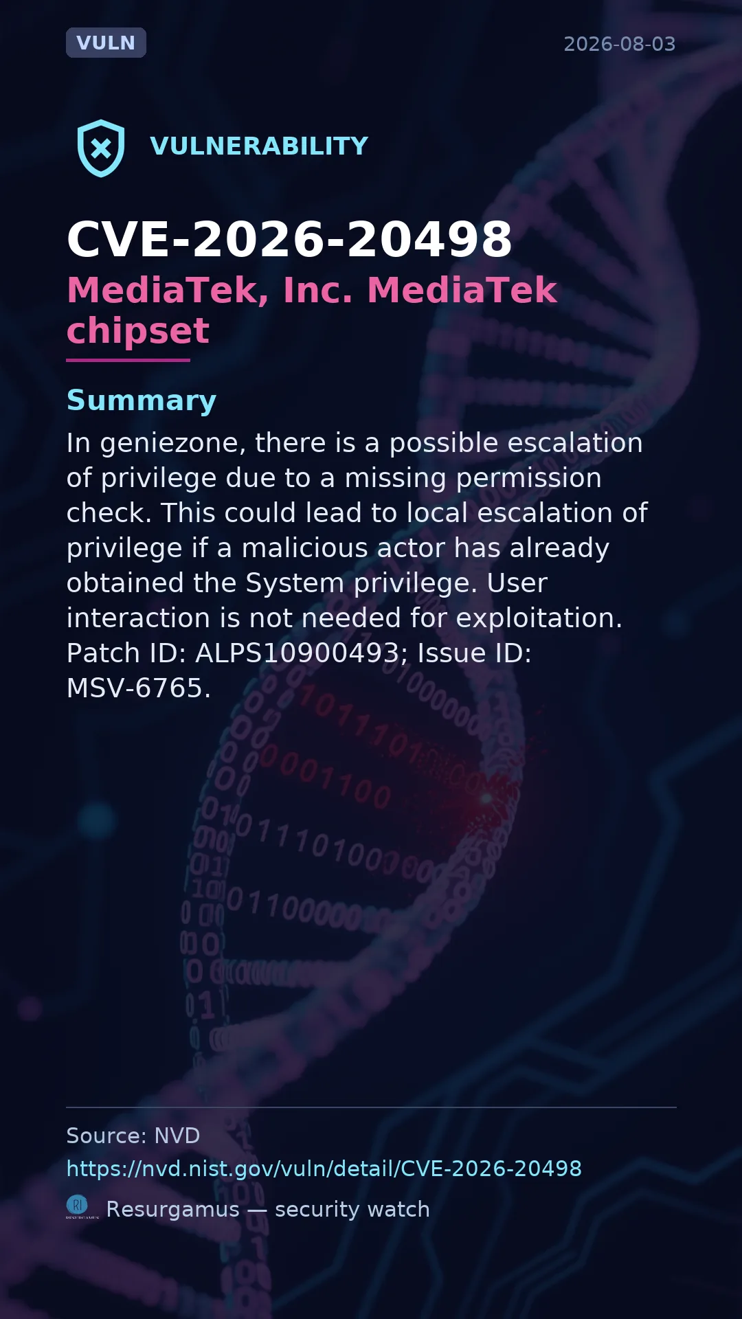 CVE-2026-20498 MediaTek, Inc. MediaTek chipset Vulnerability