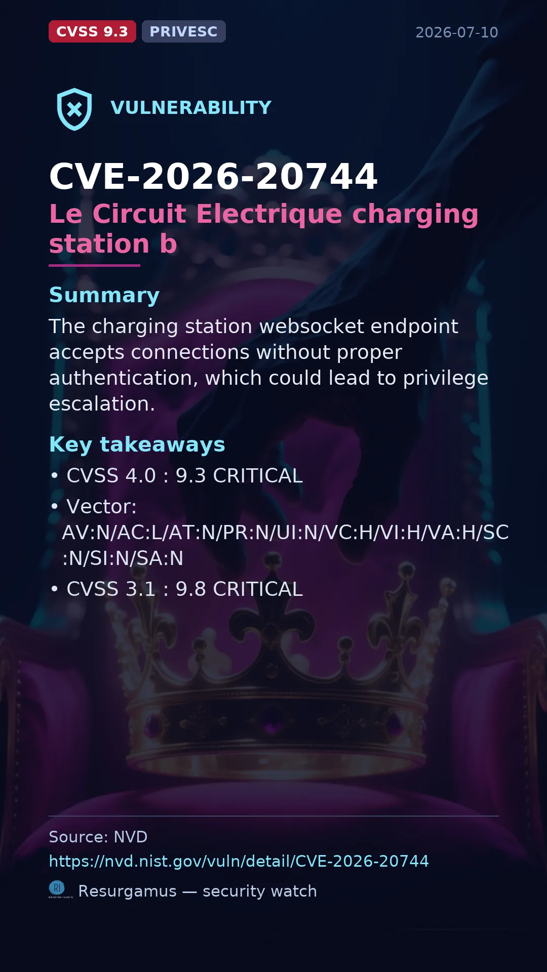CVE-2026-20744 Le Circuit Electrique charging station b Vulnerability