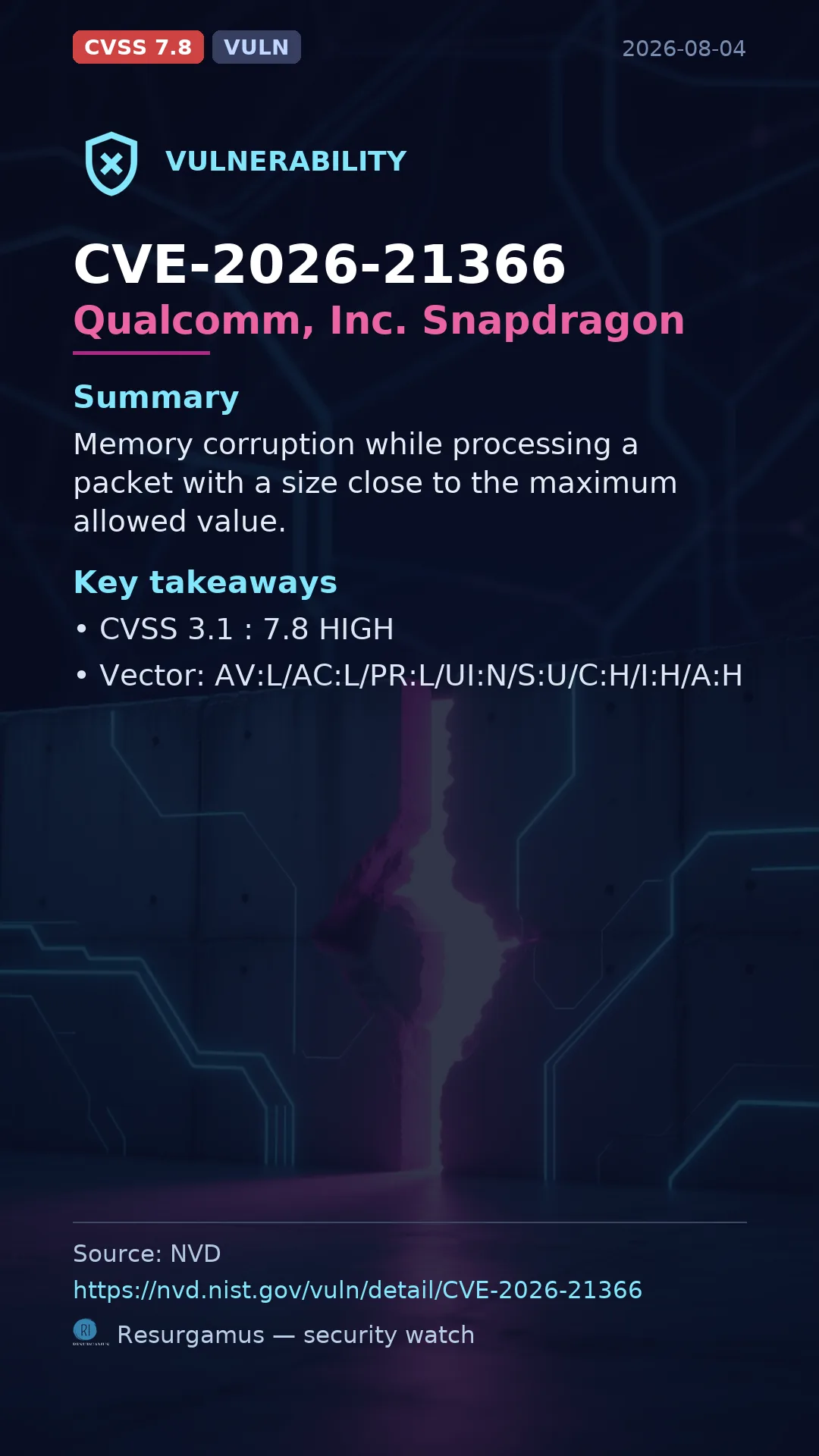 CVE-2026-21366 Qualcomm, Inc. Snapdragon Vulnerability