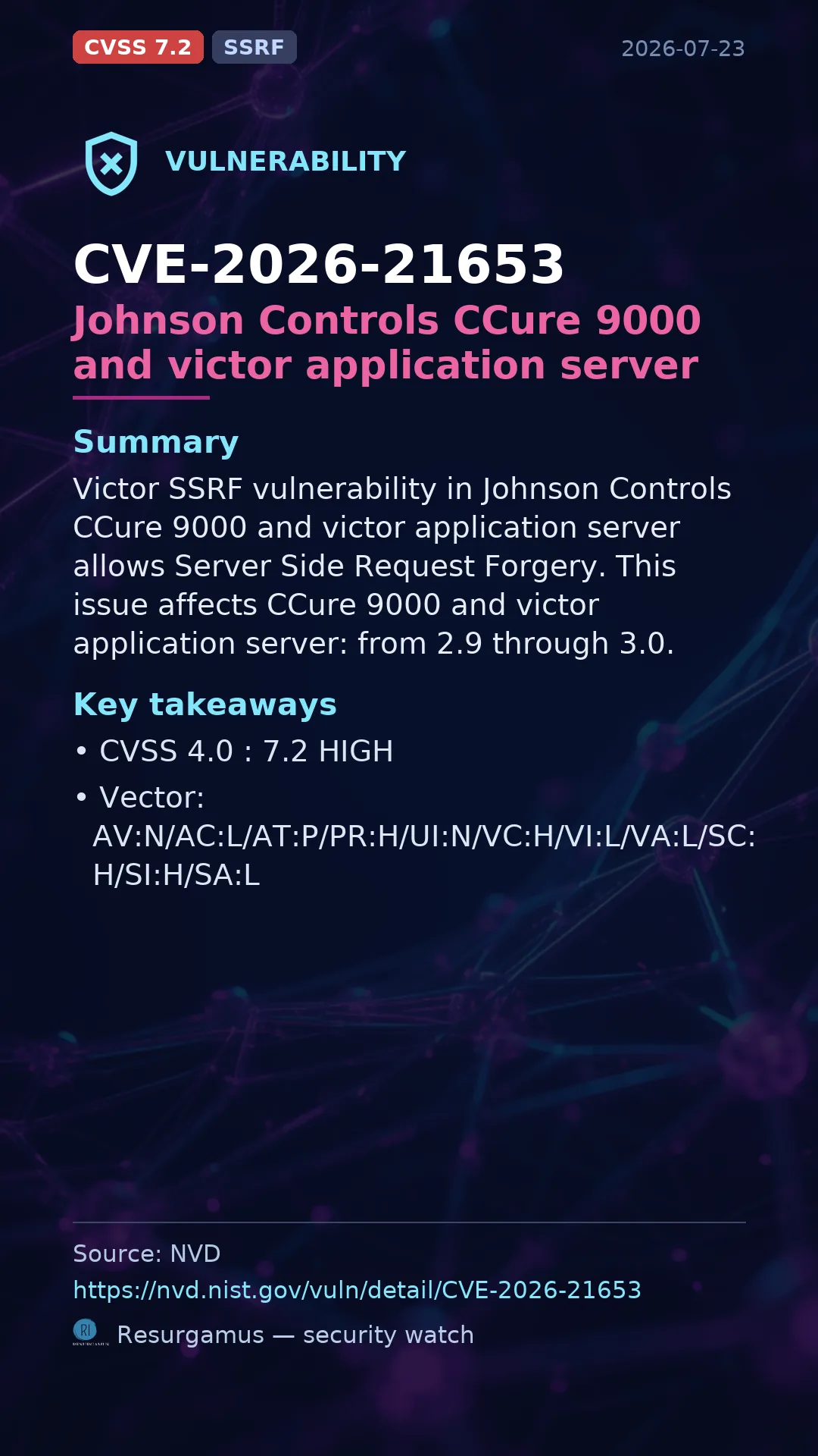 CVE-2026-21653 Johnson Controls CCure 9000 and victor application server Vulnerability