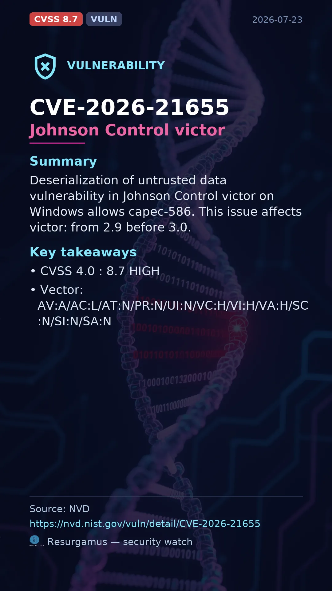 CVE-2026-21655 Johnson Control victor Vulnerability