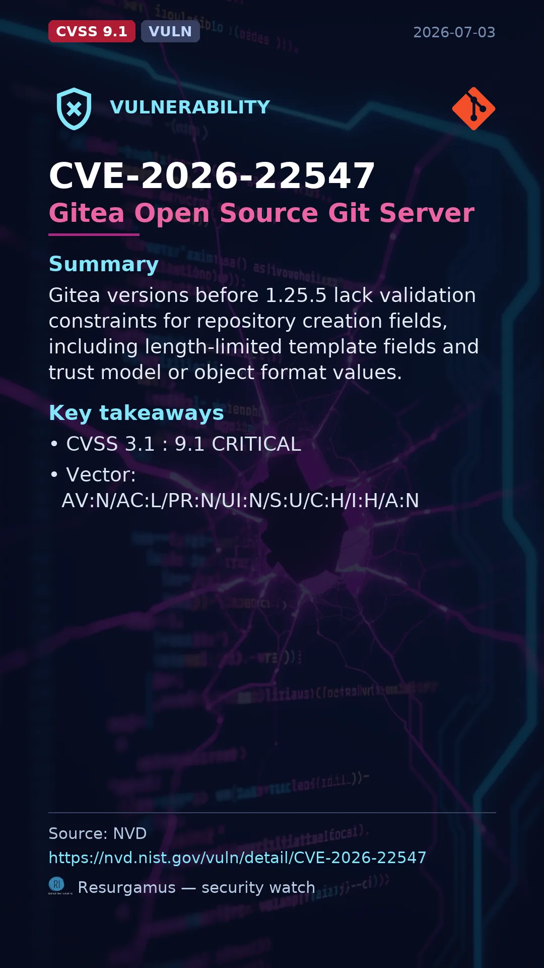 CVE-2026-22547 Gitea Open Source Git Server Vulnerability