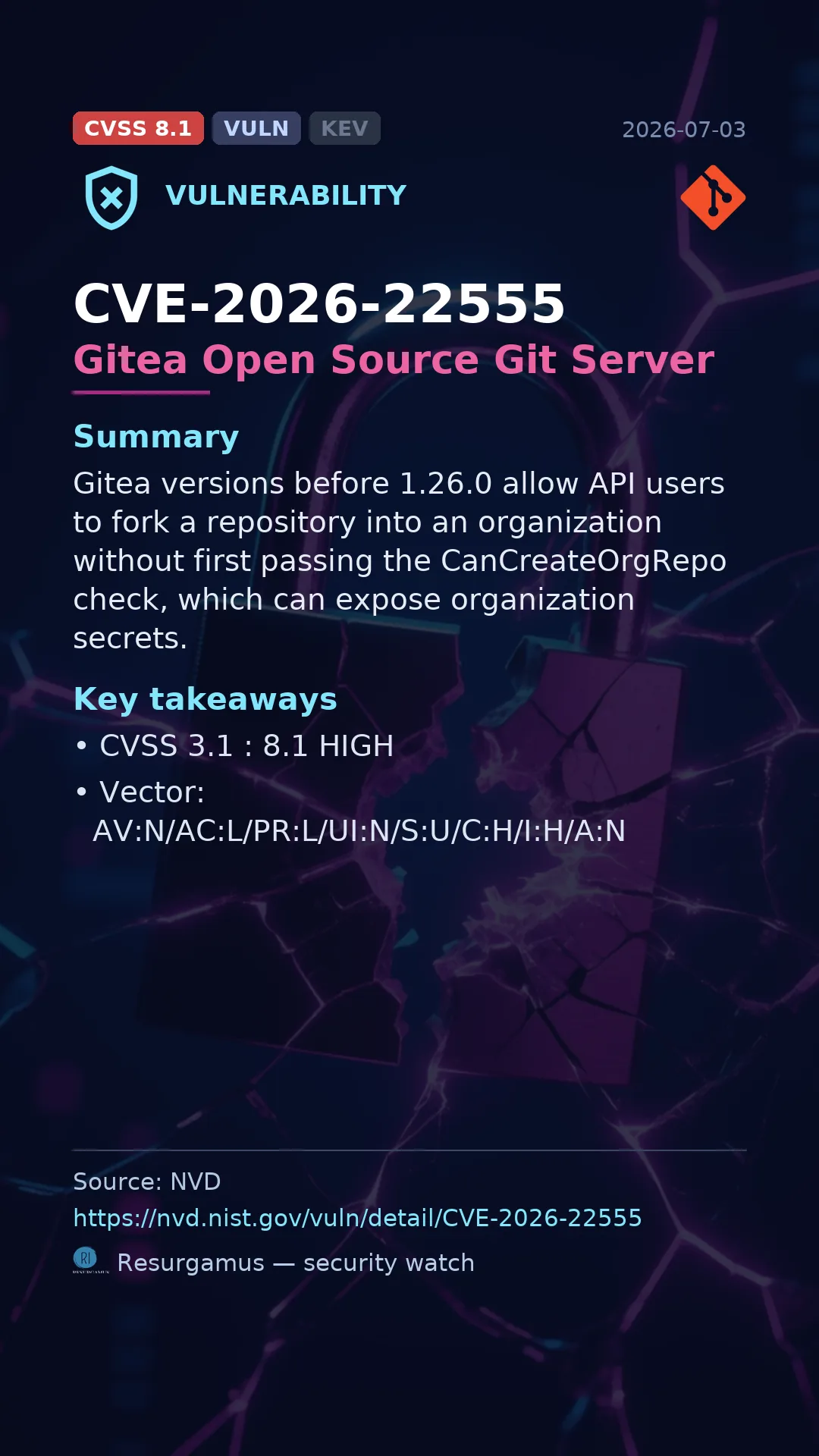CVE-2026-22555 Gitea Open Source Git Server Vulnerability