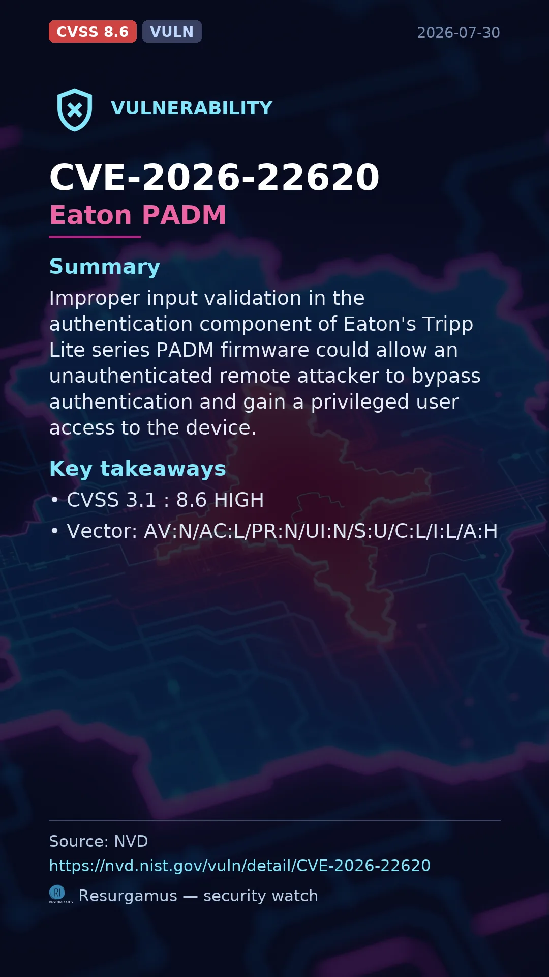CVE-2026-22620 Eaton PADM Vulnerability