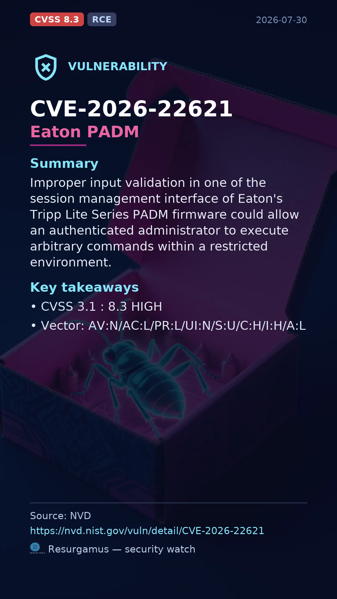CVE-2026-22621 Eaton PADM Vulnerability