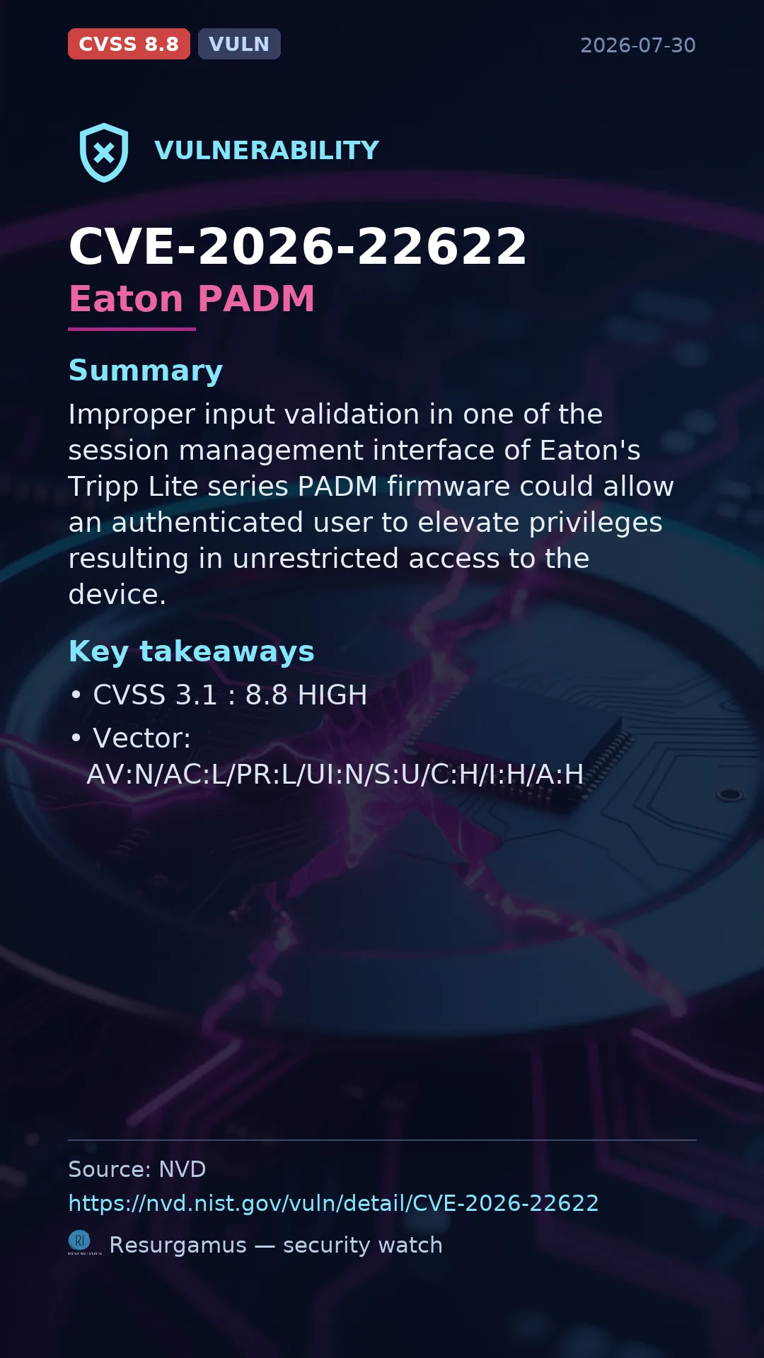 CVE-2026-22622 Eaton PADM Vulnerability