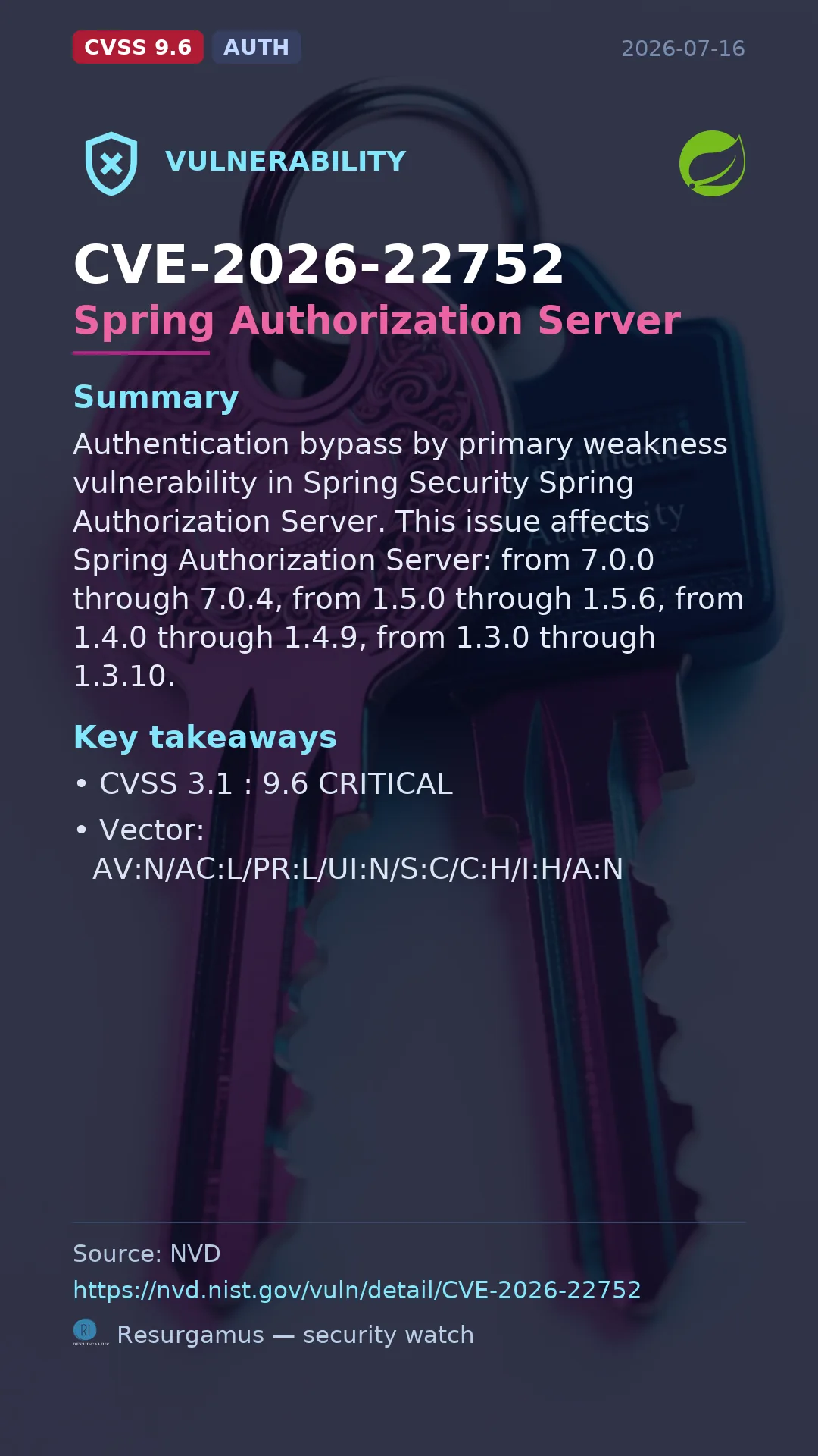 CVE-2026-22752 Spring Authorization Server Vulnerability
