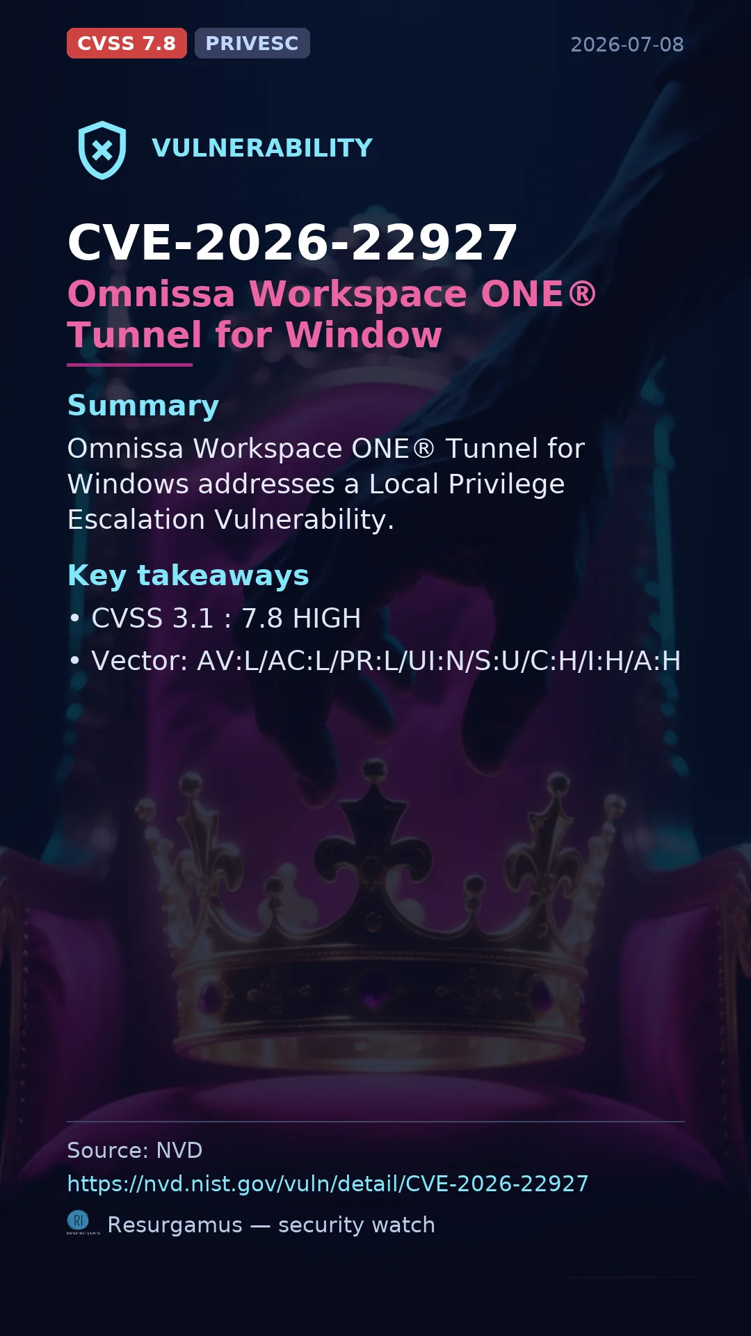 CVE-2026-22927 Omnissa Workspace ONE® Tunnel for Window Vulnerability
