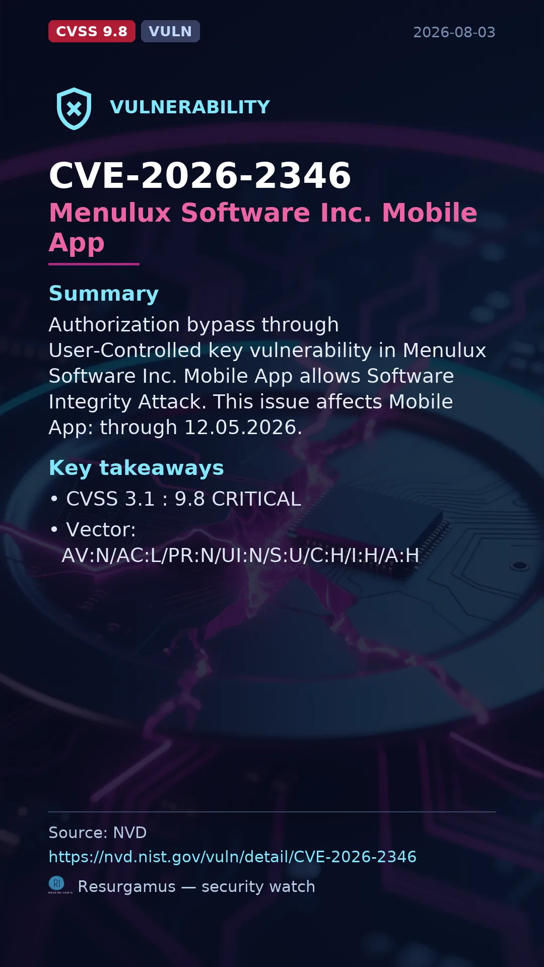 CVE-2026-2346 Menulux Software Inc. Mobile App Vulnerability