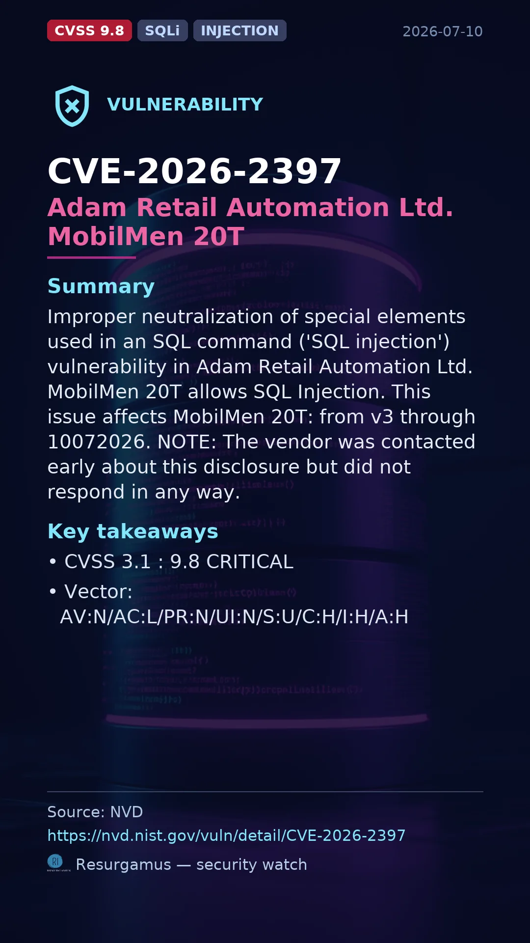 CVE-2026-2397 Adam Retail Automation Ltd. MobilMen 20T Vulnerability