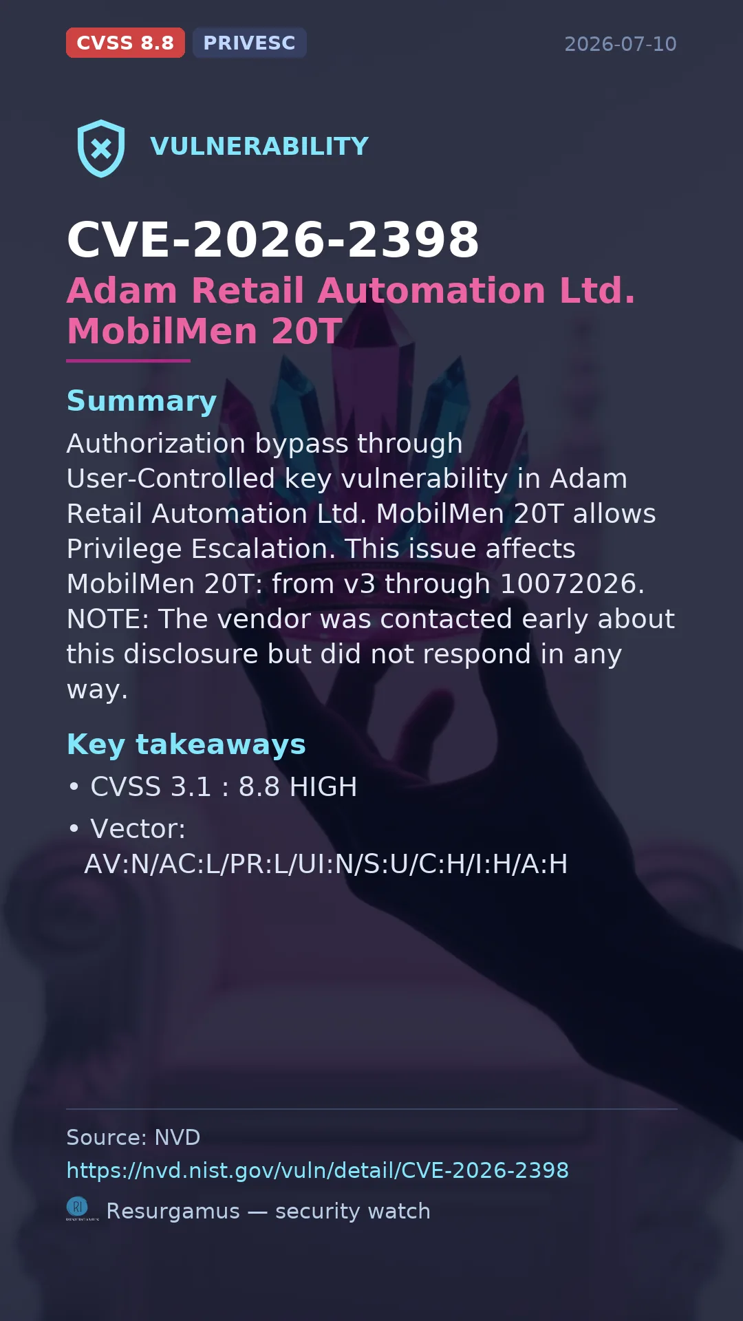 CVE-2026-2398 Adam Retail Automation Ltd. MobilMen 20T Vulnerability
